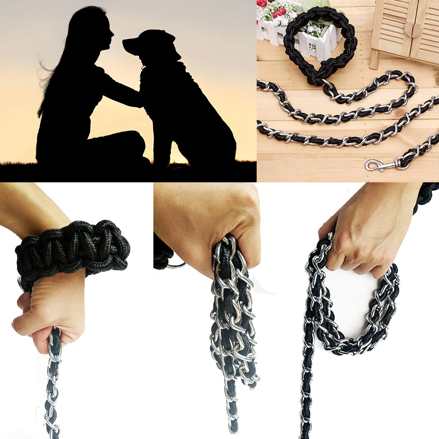 Dog Leash Metal Leashes With Pet Collar Training Walking Leads Heavy Duty Anti Bite Chain Rope With Pet Collar Hook For Medium A