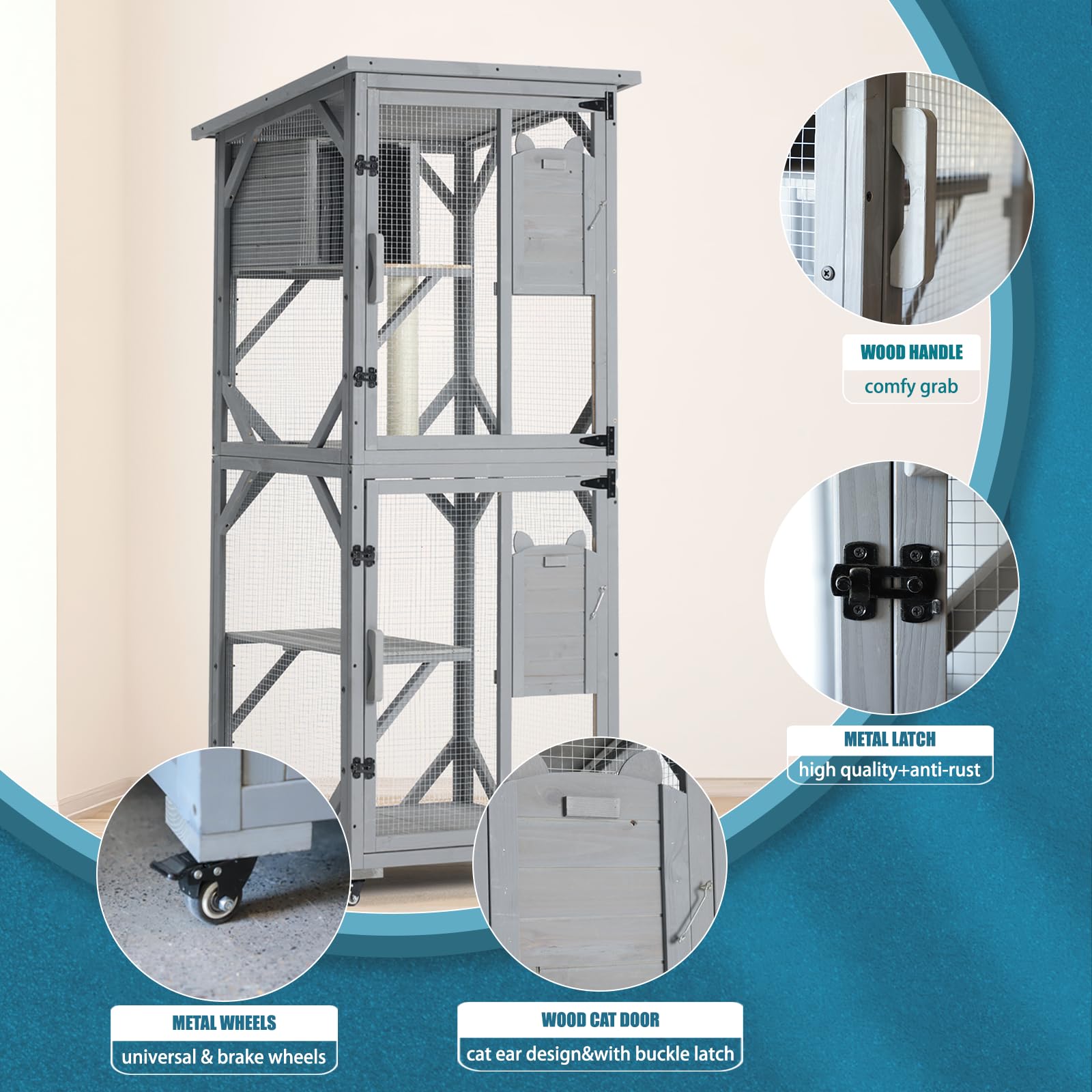 71Inches Large Wood Catio Outdoor Cat Enclosure With P6 Jumping Platforms & 2 Napping Houses, Cat House Indoor With Waterproof R