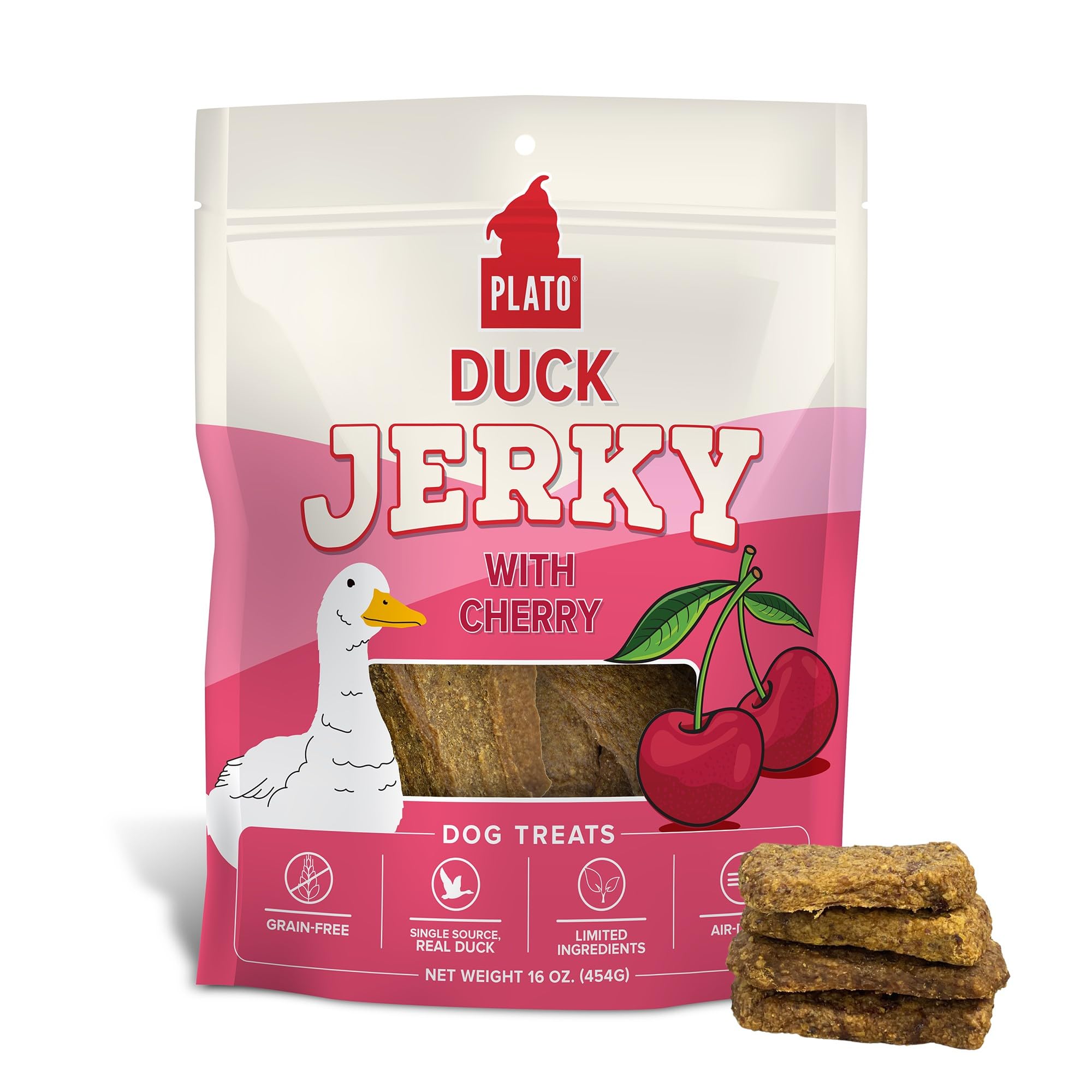 Plato Pet Treats - Air-Dried Jerky - Delicious, Real Meat Dog Treats - Grain Free - Supports Healthy Digestion - Duck with Cherr
