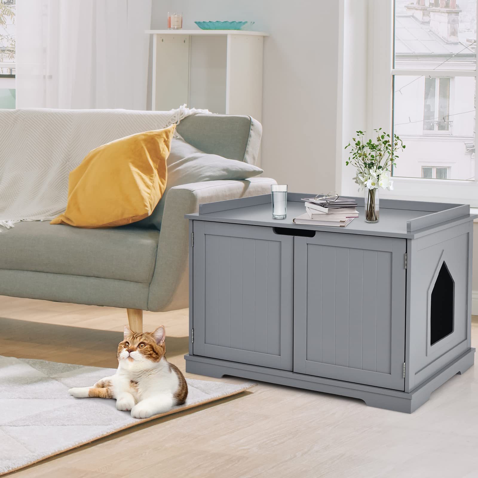 Tangkula Litter Box Enclosure, Cat Litter Box Furniture Hidden, Nightstand Pet House With Double Doors, Indoor Decorative Cat Bo
