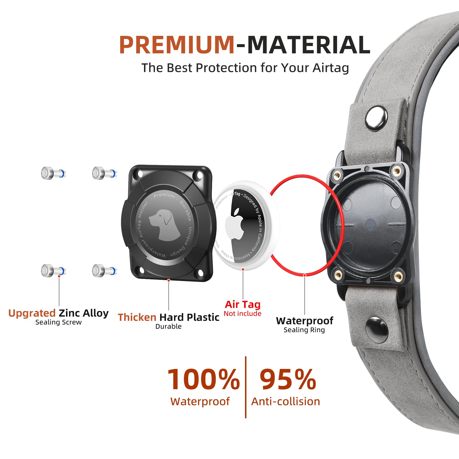 Airtag Dog Collar - Leather Dog Collar With Air Tag Holder | Ipx8 Waterproof, Reflective, High - End, Adjustable Soft Padded | D