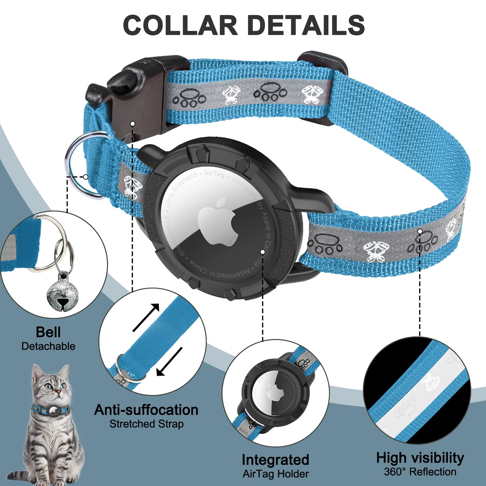 Reflective Airtag Cat Collar, Integrated Cat Tracker Collar With Air Tag Holder And Bell, Safety Elastic Band Cat Gps Collars For Girl Boy Cats, Kittens And Puppies (Blue, S)