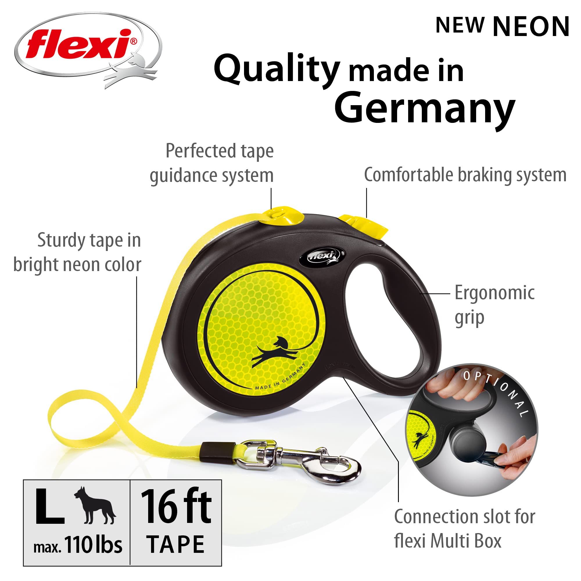 Flexi New Neon Tape Retractable Dog Leashes For Large Dogs Upto 110 Lbs. – 16 Ft., Neon Yellow/Black | Tangle Free Pet Walking Leash With One-Handed Brake, Pause, Lock|German Quality Product