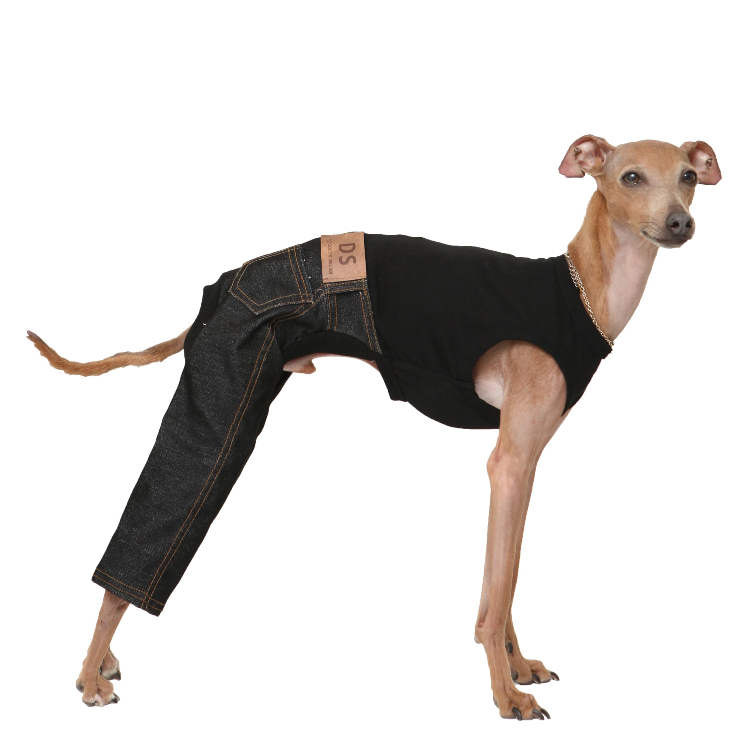D Doggy Star Italian Greyhound Clothes Sleeveless Jeans Onesie Outfit Whippet For Dog Coat (3Xl,Black Jean)