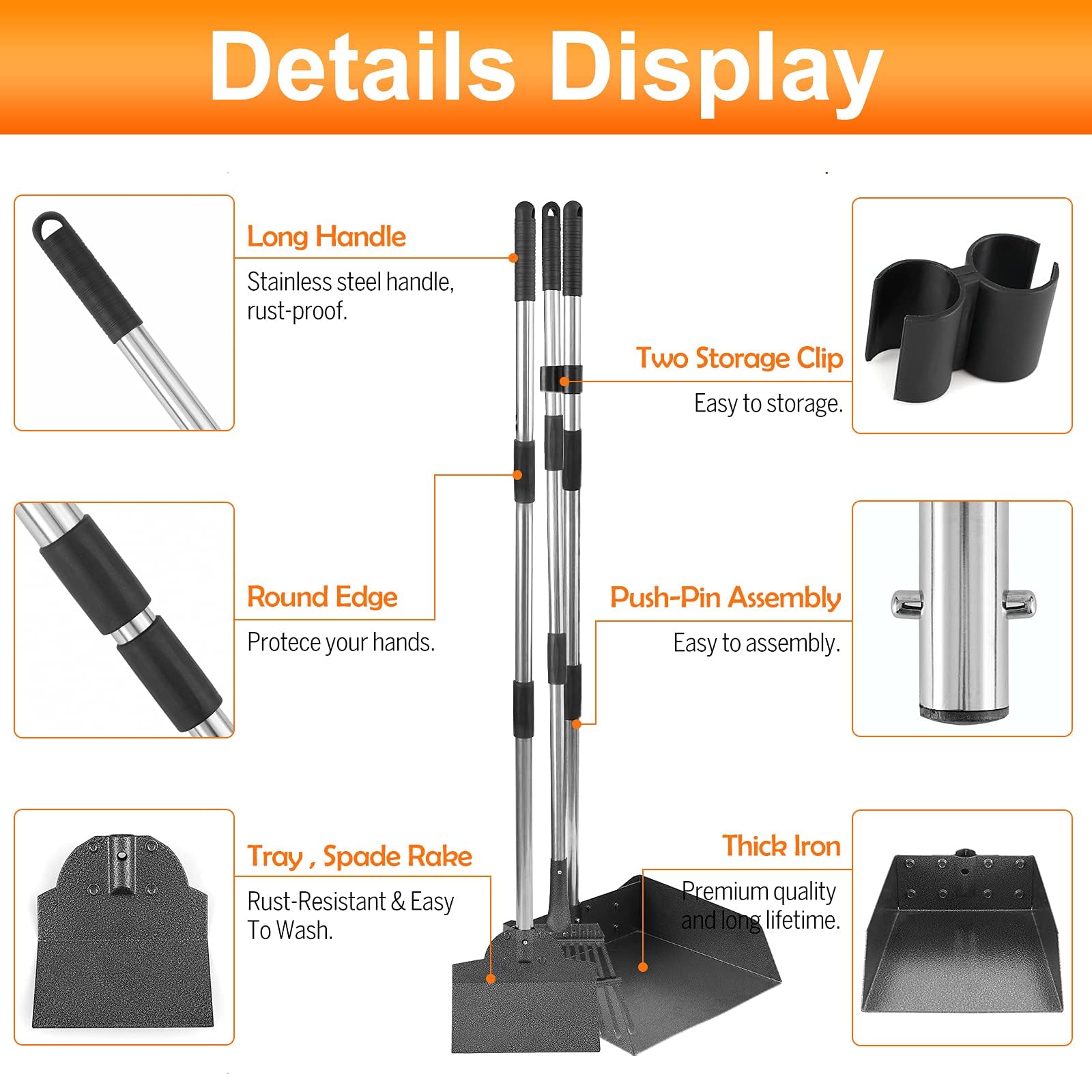 Luffwell Dog Pooper Scooper, Adjustable Handle Poop Scooper With Tray,Rake And Spade Set Of 3, Steel Stainless Poop Scoop For Medium Large Dogs And Pet Waste On Grass, Dirt And Gravel (Large Size)