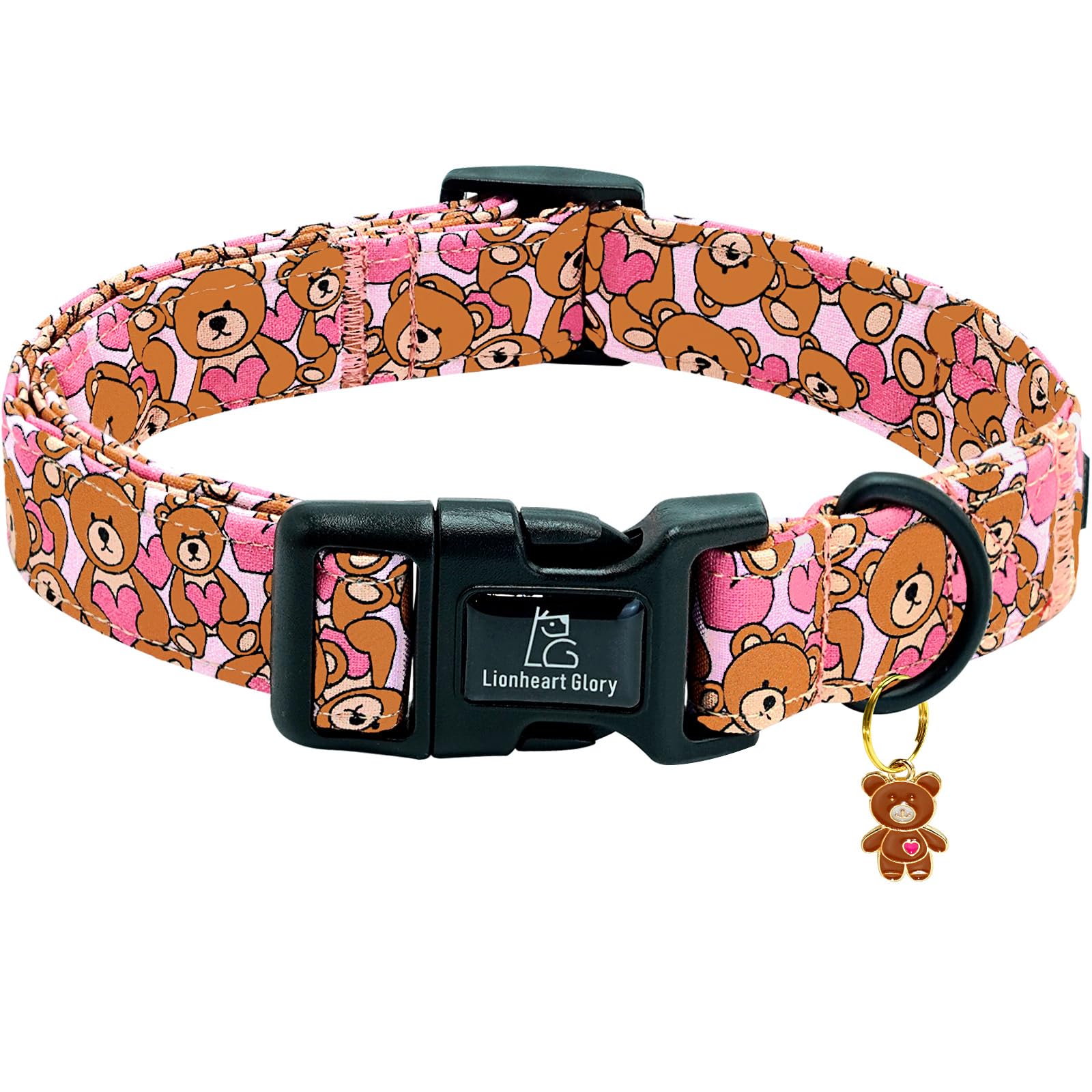 Lionheart Glory Valentine Collar-Bear Hearts Print Dog Collar For Large Cute Pink Dog Collars Spring Female Pet Gift Adjustable 