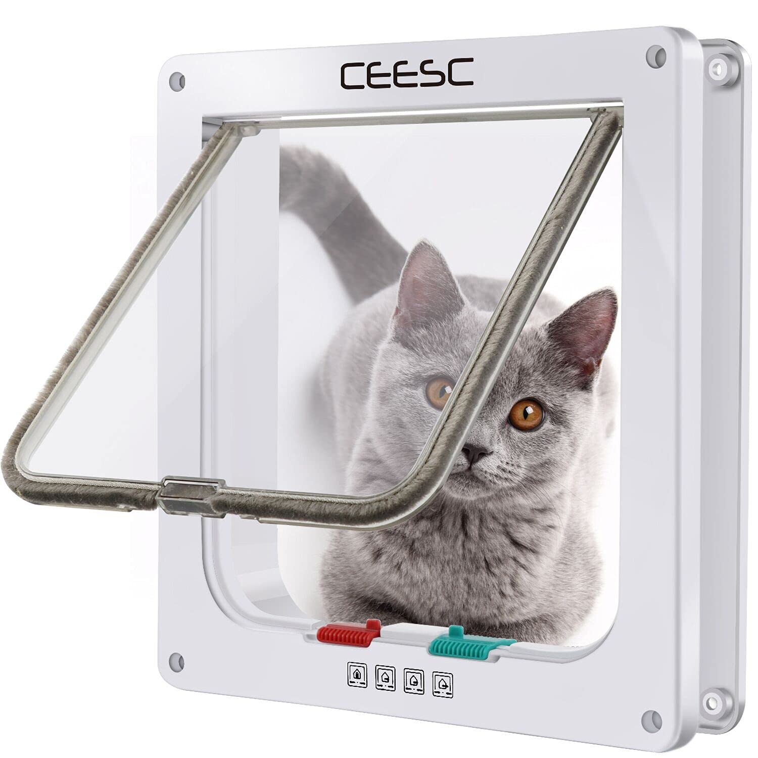 Ceesc Cat Flap Door Magnetic Pet Door With 4 Way Lock For Cats, Kitties And Kittens, 2 Sizes And 2 Colors Options (L- Inner Size: 7.08'(W) X 7.48'(H), White)