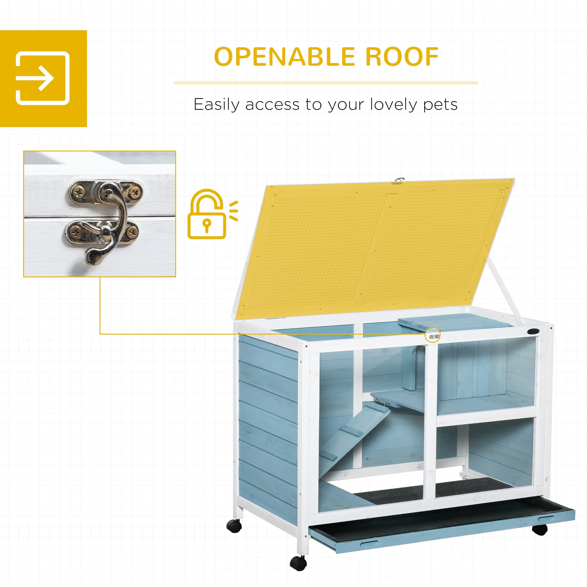 Pawhut Indoor Rabbit Hutch With Wheels, Desk And Side Table Sized, Wood Rabbit Cage, Waterproof Small Rabbit Cage, Light Blue