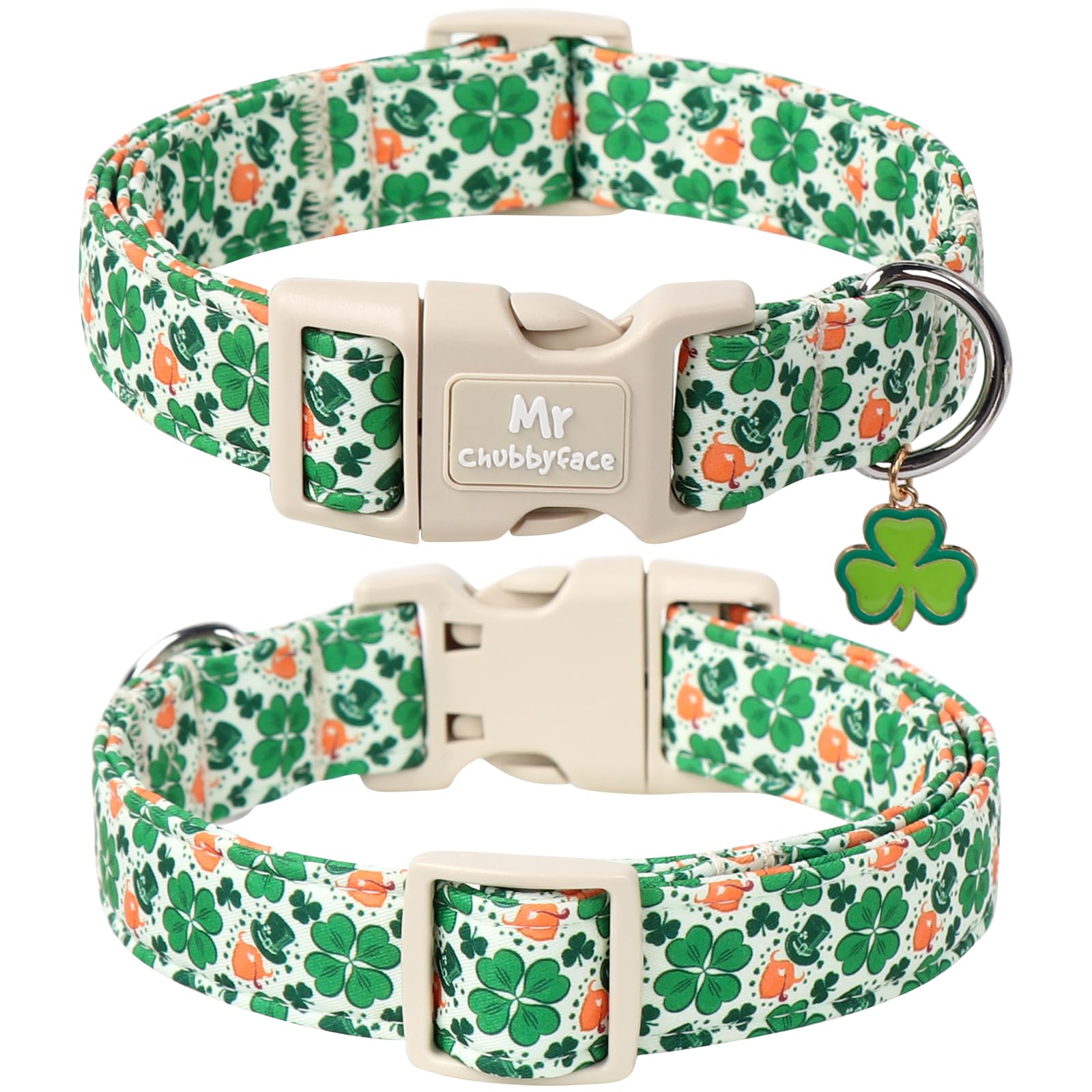 Mr.Chubbyface St. Patrick'S Dog Collar,Green Clover Lucky Shamrock Pet Collar With Quick Release Buckle, Durable Adjustable Spri