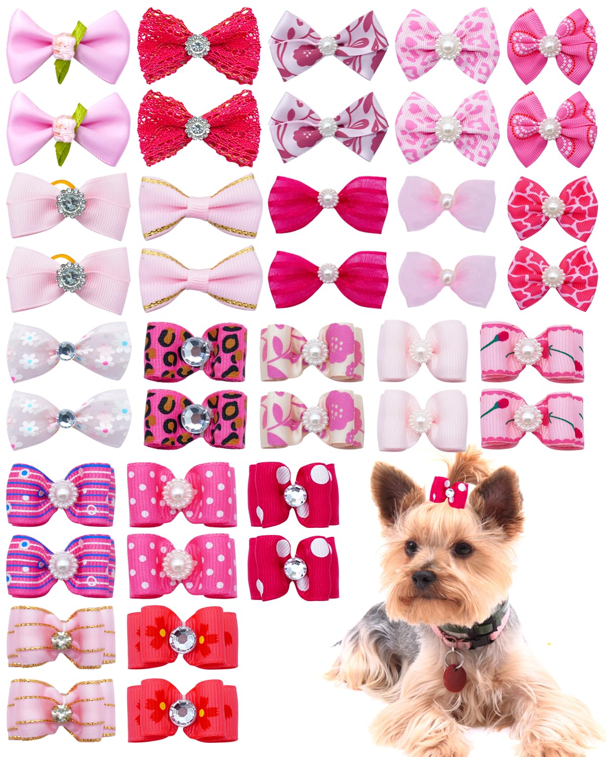Pet Show 20 Pack Pink Small Dog Hair Bows With Rubber Bands For Medium Dogs Girl Female Holiday Puppies Cats Kittens Rabbits Top