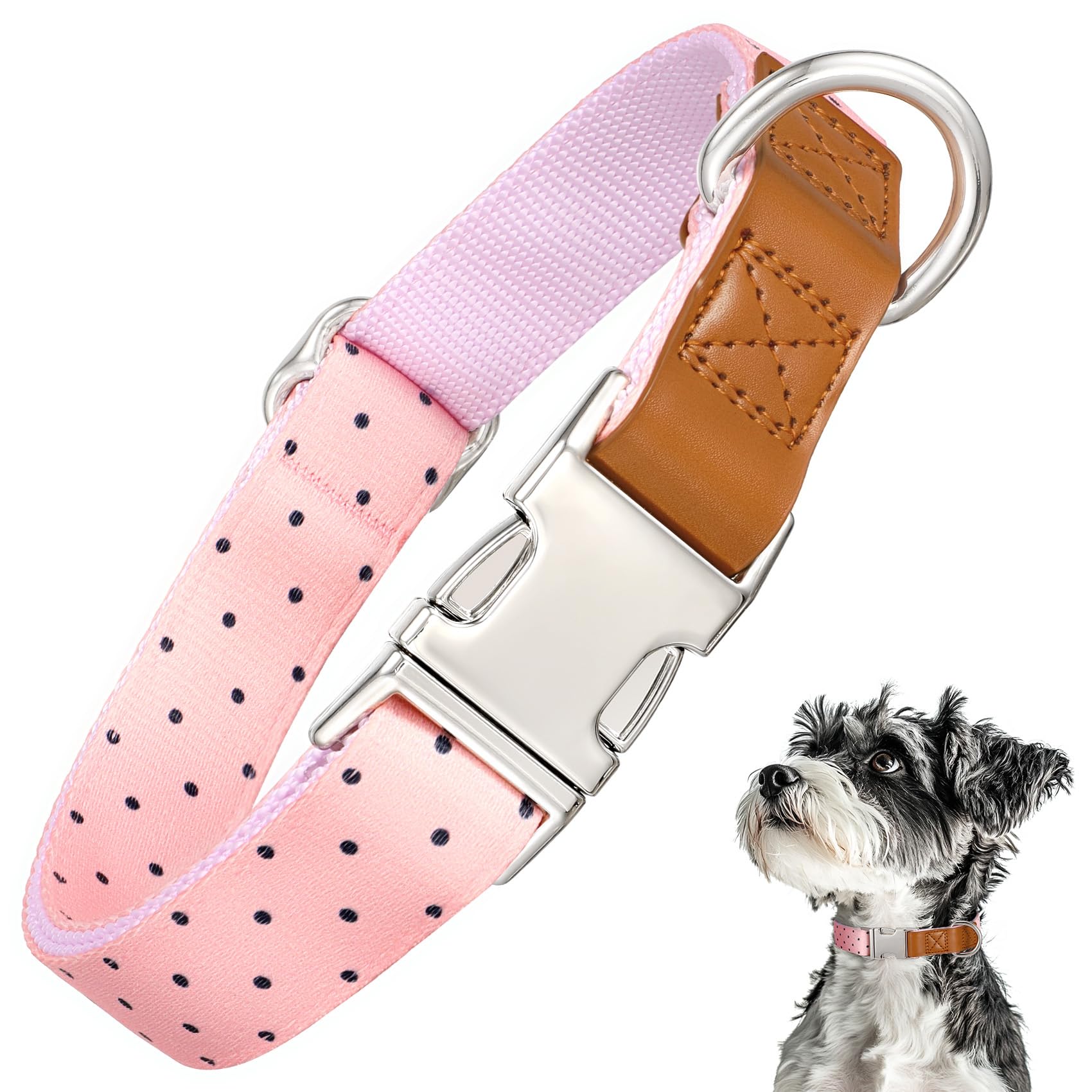 Whippy Floral Dog Collar With Quickly Release Metal Buckle Adjustable Cute Pink Dot Collars For Large Medium Small Breeds