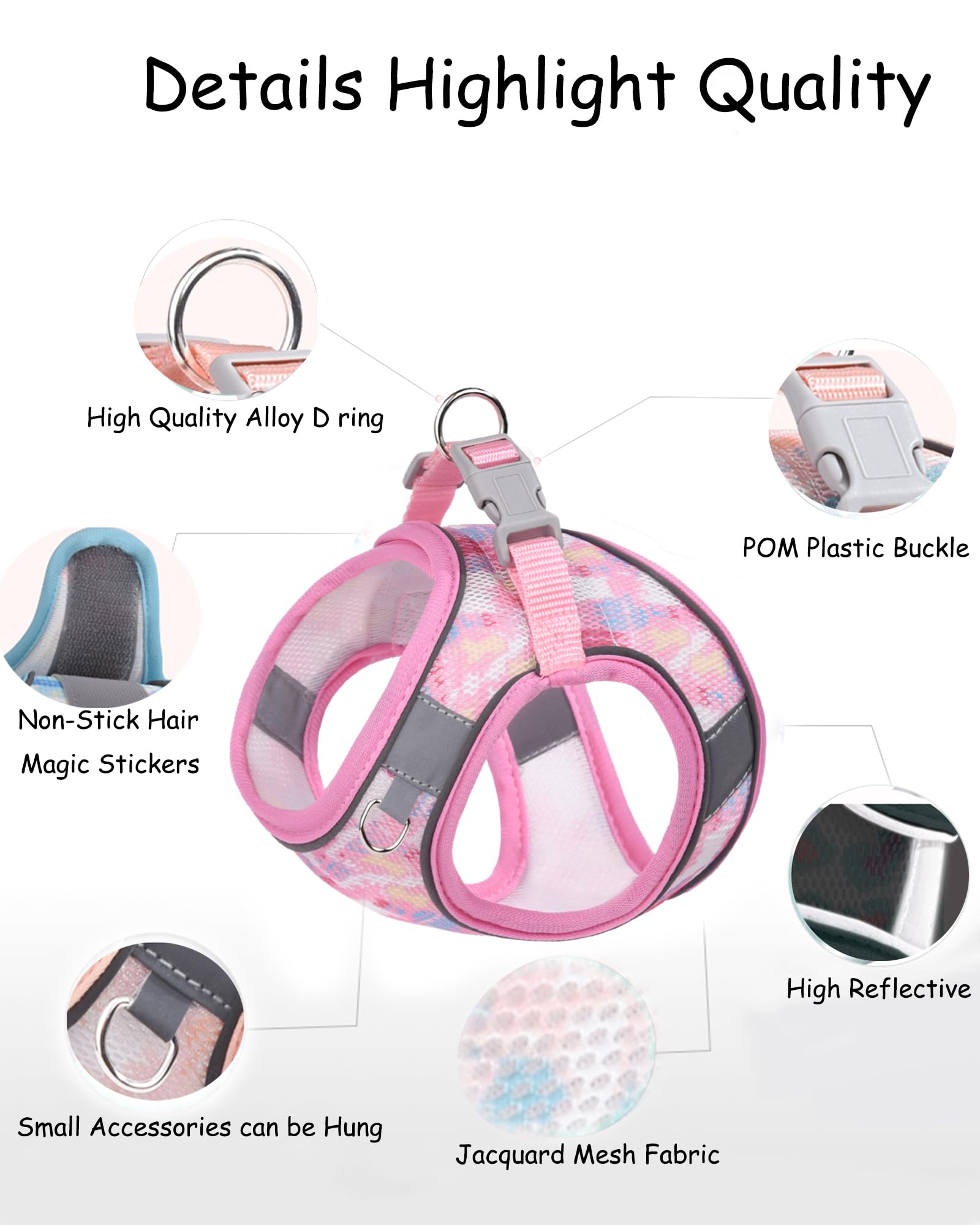 Aecllcea No Pull Dog Harness & Cat Leash Set, Step-In Harness - Small & Medium, Pink