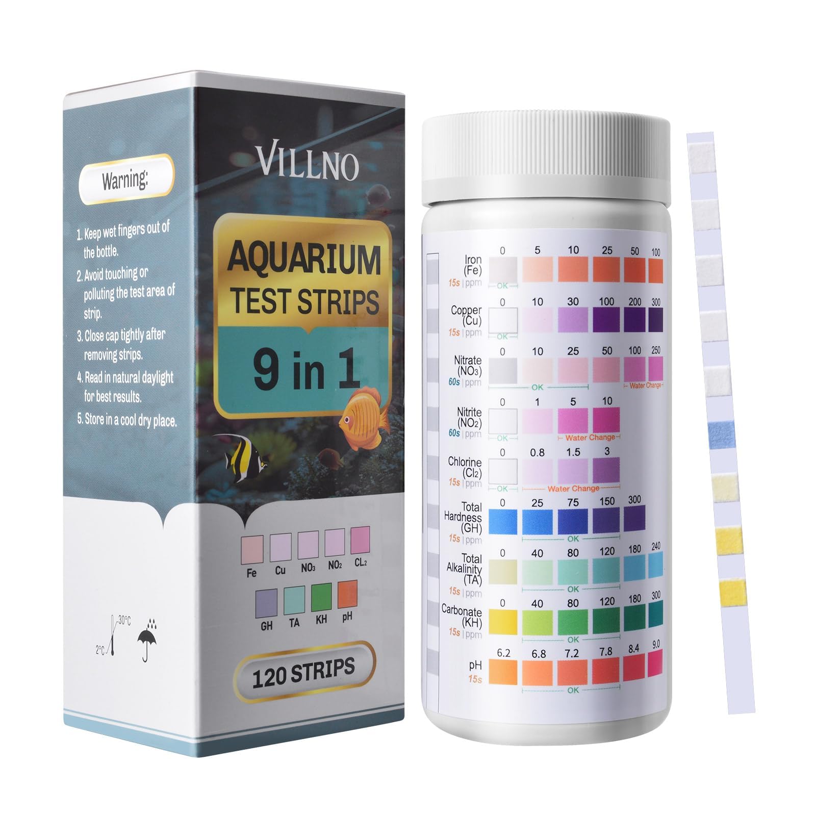 VILLNO Aquarium Test Strips 9-in-1, 120 Strips Aquarium Water Testing Kit, Quick & Accurate Water Testing for Freshwater & Saltw