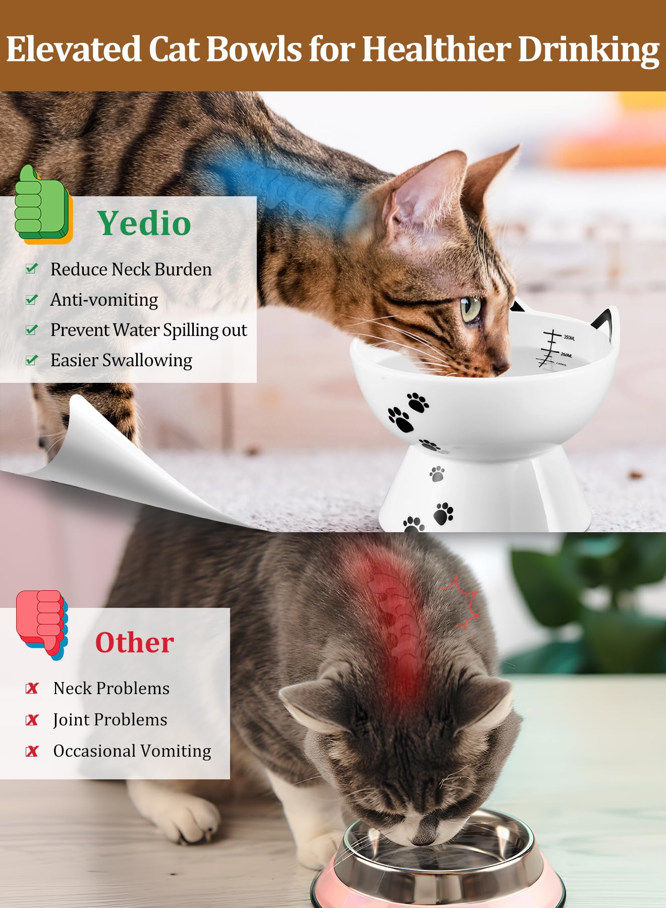 Yedio Porcelain Raised Cat Bowl, 15 oz Water Bowl with Anti-Slip Band, Green, Dishwasher Safe, Elevated Design for Pet's Spine Protection