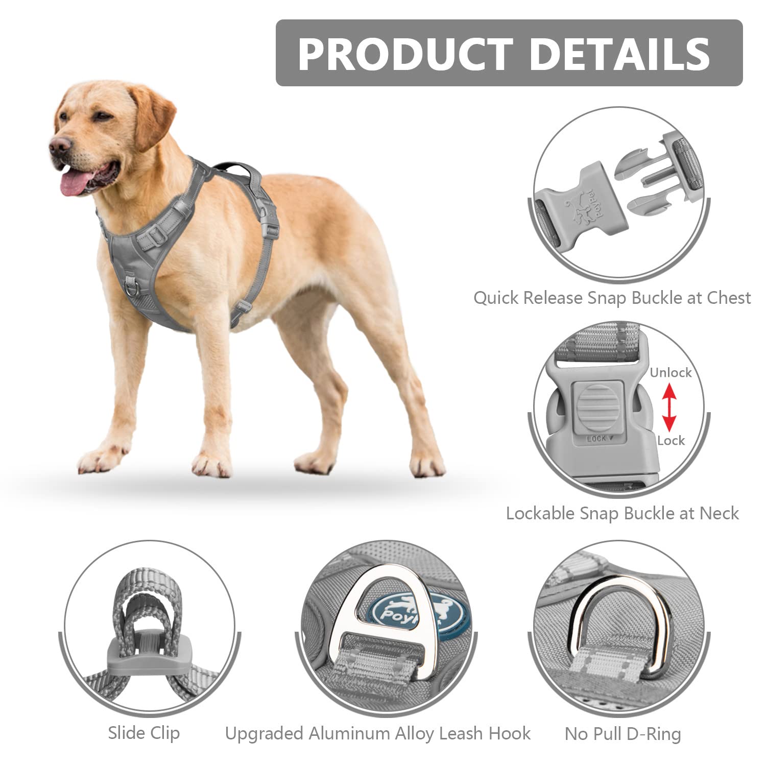 Poypet No Pull Dog Harness, No Choke Reflective Dog Vest, Adjustable Pet Harnesses With 2 Leash Attachments With Easy Control Padded Handle For Small Medium Large Dogs(Gray,L)