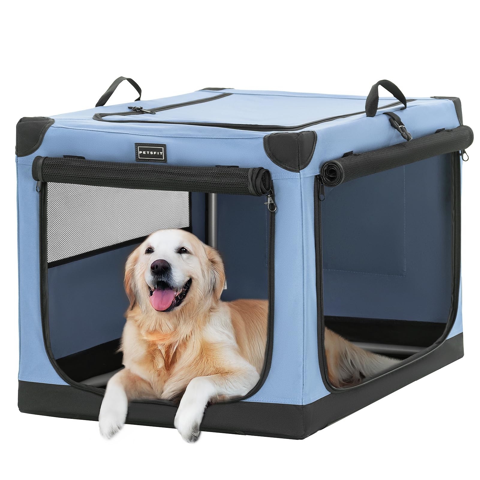 PETSFIT Soft Dog Crate, with Patented Adjustable Fabric Cover, Chewproof & Lockable Mesh Doors, Waterproof Base Collapsible Kenn