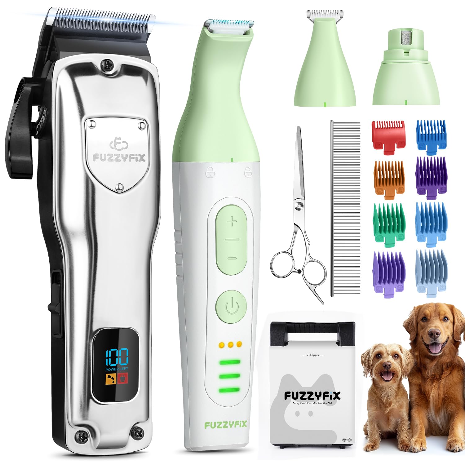 Fuzzyfix Dog Grooming Kit, Dog Clippers For Grooming For Thick Heavy Coats, Professional Pet Paw Trimmer Nail Grinder Low Noise 