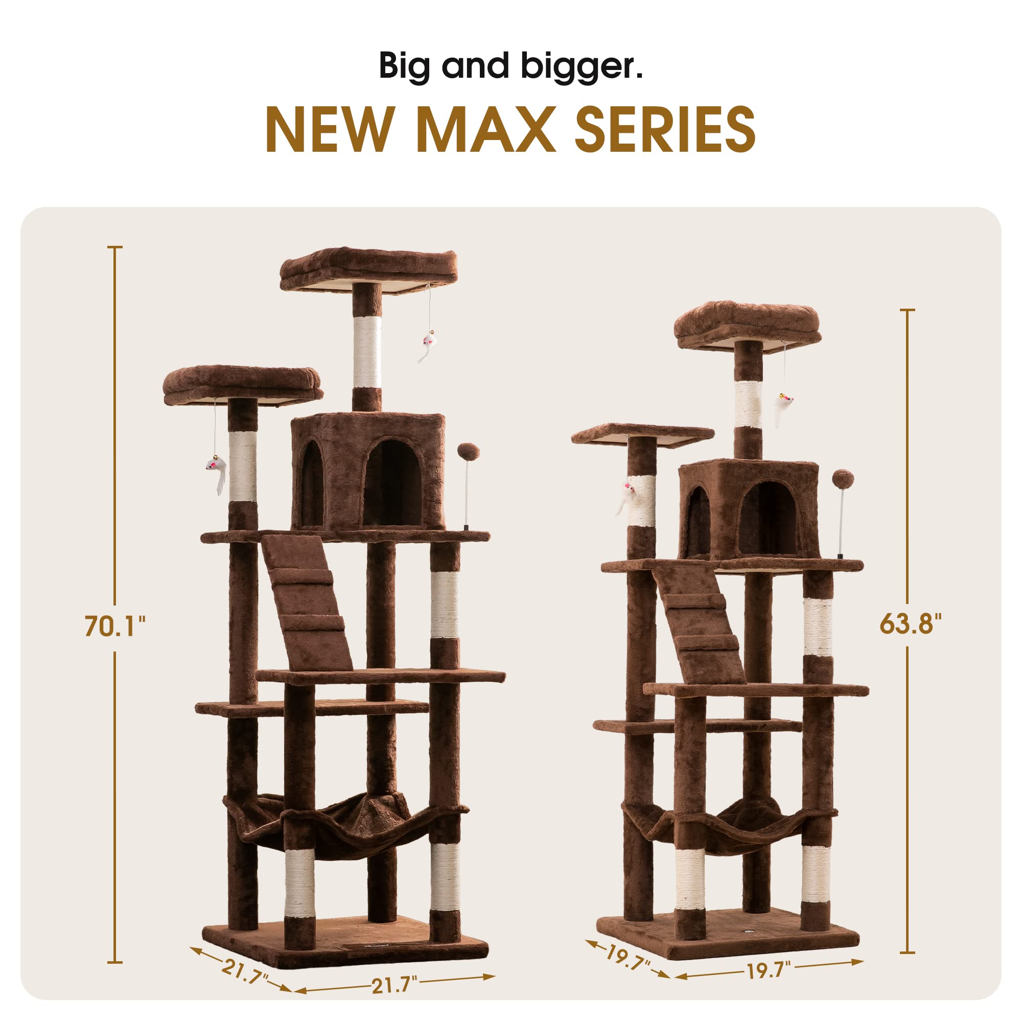 Mwpo 70.1-Inch Large Cat Tree, Multi-Level Tall Cat Tower For Indoor Cats, Plush Cat Condo With Big Padded Perches, Sisal-Covere