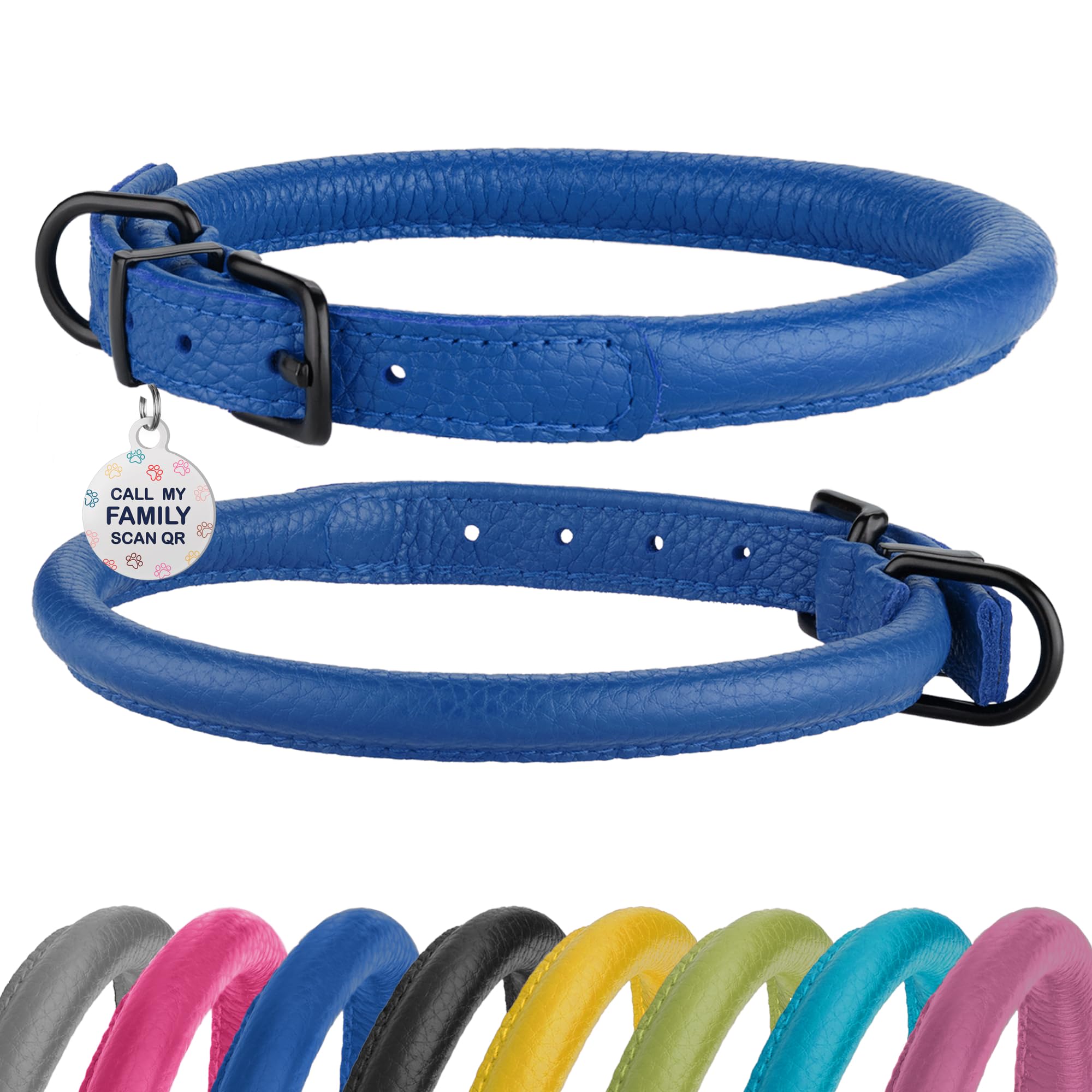 Rolled Leather Dog Collar Soft Round Collars, Id Tag For Small Medium Large Dogs (9-12 Inch, Royal Blue & Black Buckle)