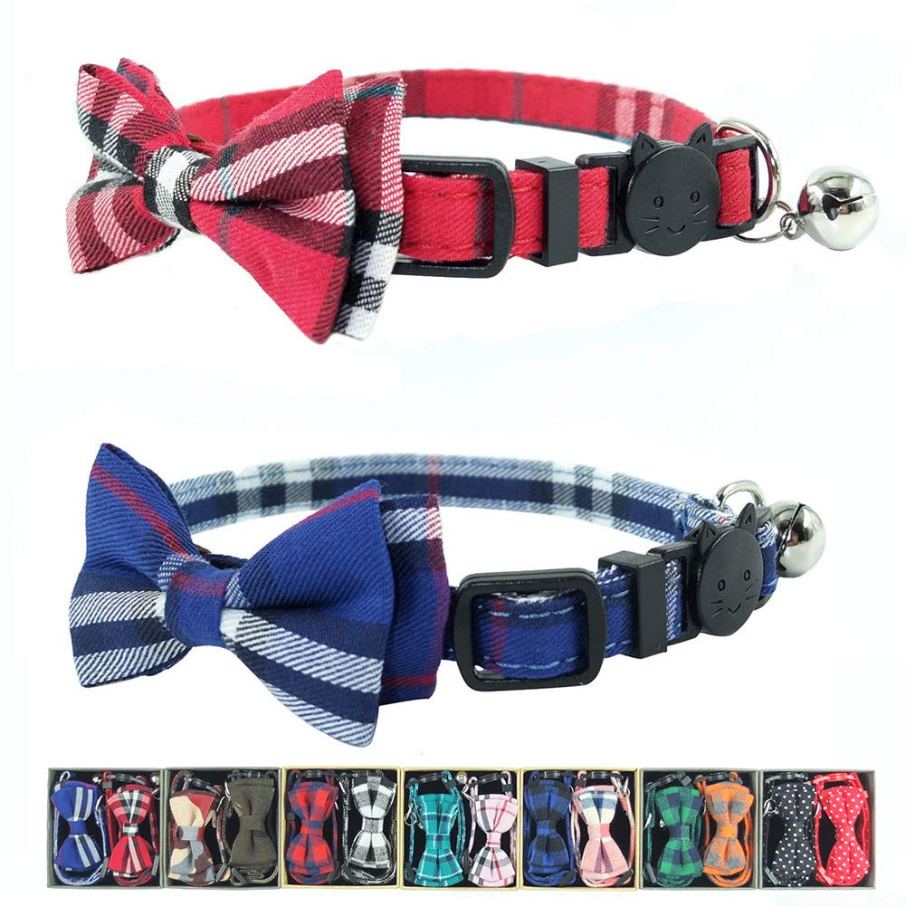 Cat Collar Breakaway with Bell and Bow Tie, Plaid Design Adjustable Safety Kitty Kitten Collars Set of 2 PCS(6.8-10.8in) (Red&Bl