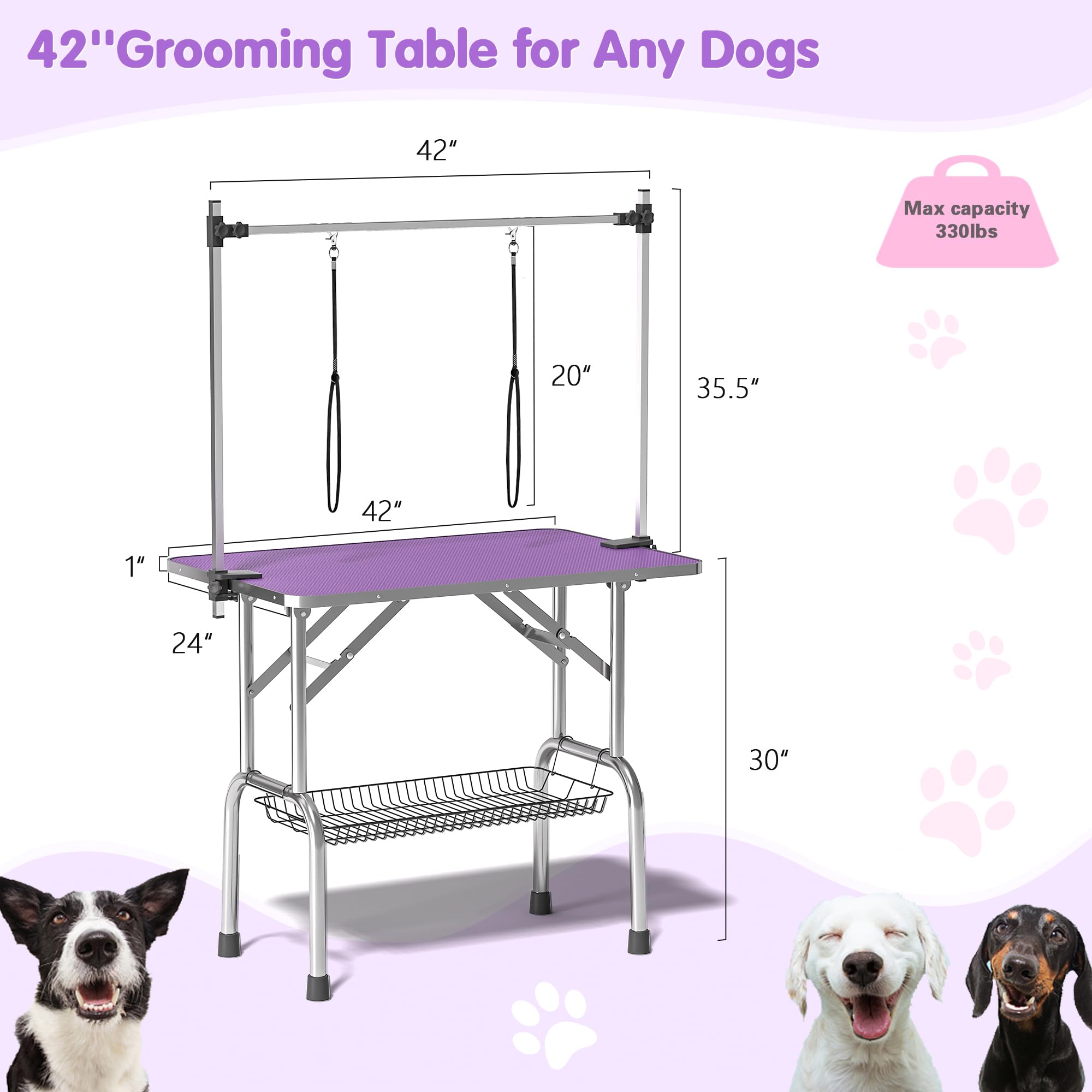 Dog Grooming Table, Adjustable Large Pet Drying Desktop, Foldable Bathing Desk with Arms, Noose, Mesh Tray, Maximum Capacity Up