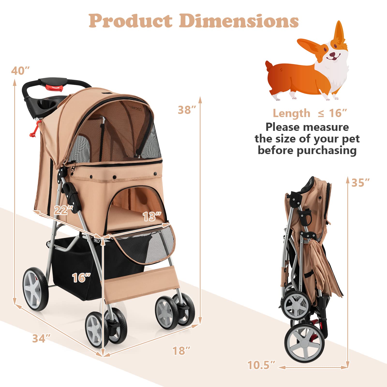 S Afstar 4 Wheels Pet Stroller, Folding Cat Dog Stroller W/Storage Basket & Tray, Adjustable Canopy, All-Terrain Eva Wheels, Fol