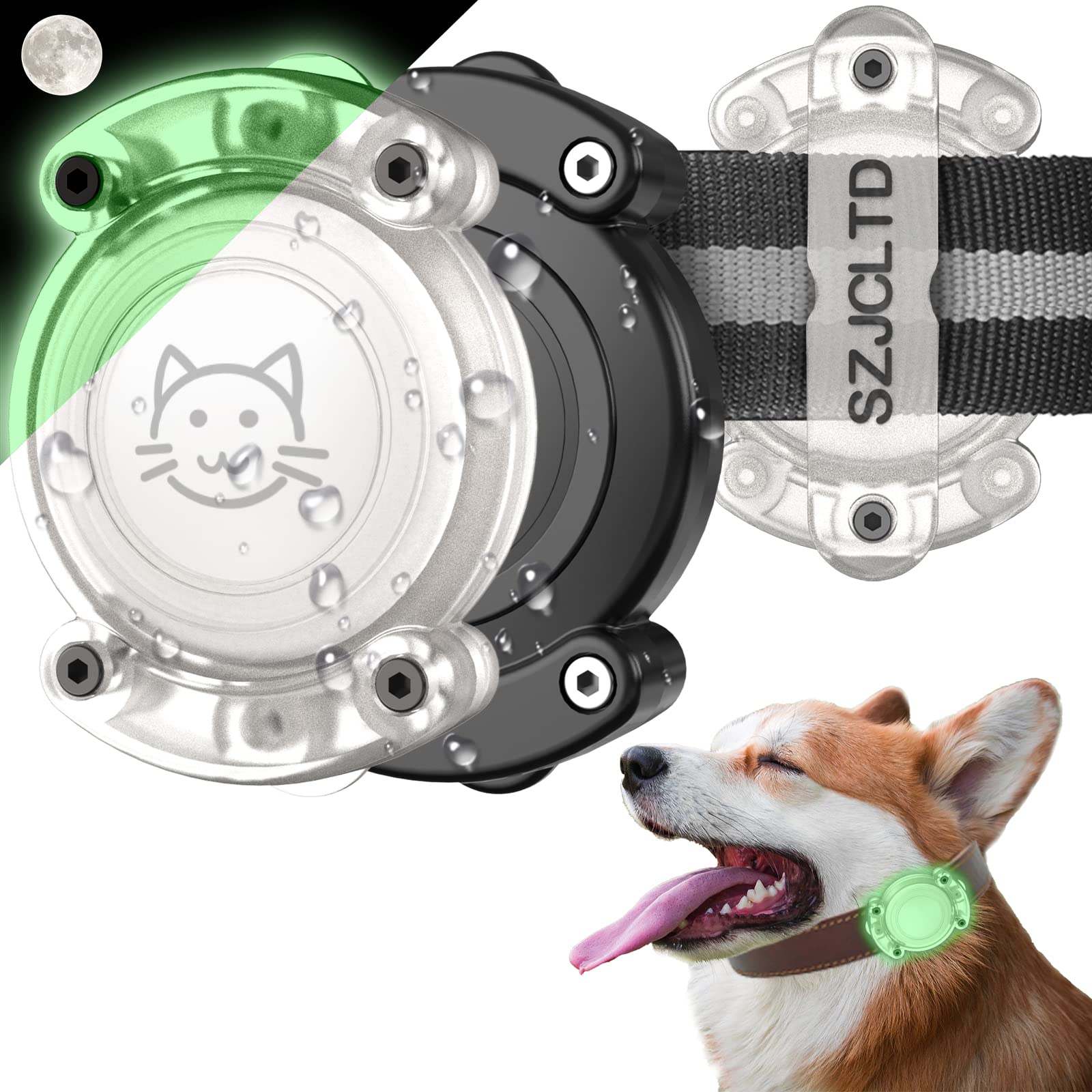 Szjcltd Ipx8 Waterproof Airtag Dog Collar Holder, Protective Anti-Chew Anti-Scratch Hard Pc Luminous Air Tag Case Mount With Anti-Lost Screws For Apple Airtag