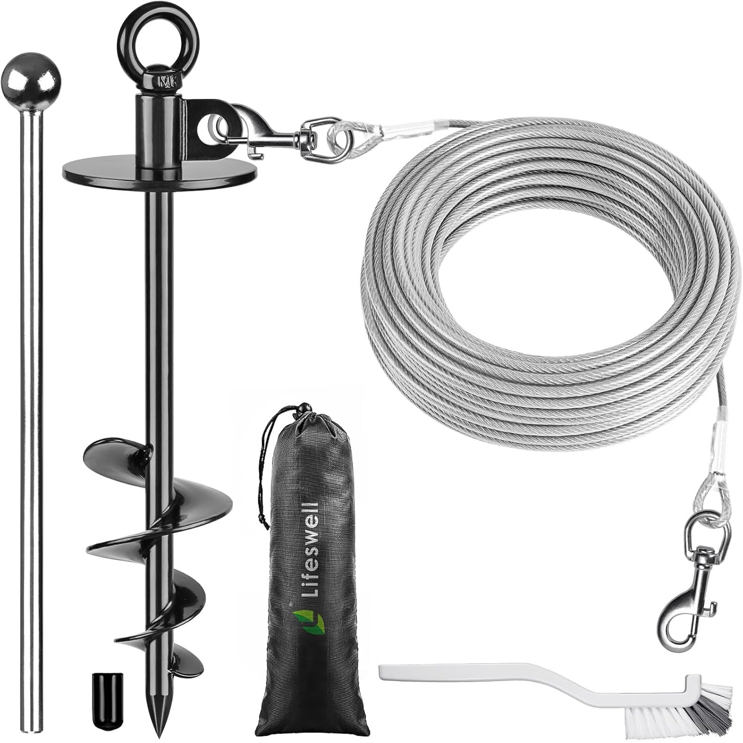 Lifeswell Dog Tie Out Cable And Stake, 50Ft Chew Proof Stainless Steel Cable, 15'' Heavy Duty Dog Anchor For Dogs Up To 125Lbs, 