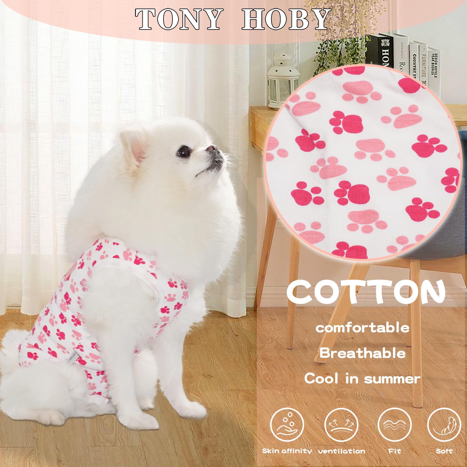 Tony Hoby Dog Pajamas, Summer Dog Shirt, Soft Breathable Dog Pajamas With Cute Pawprints (Pink, S), Small