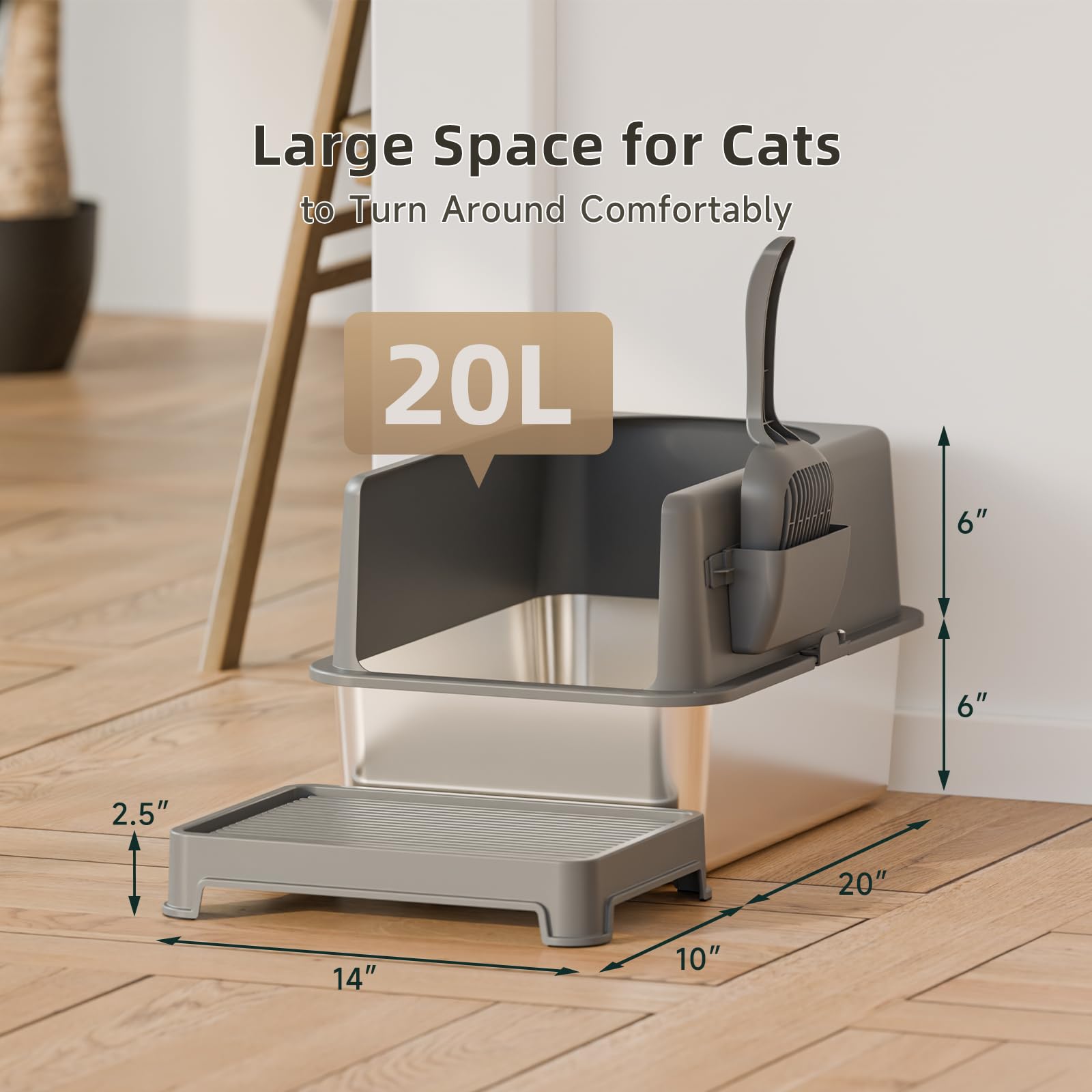 Booche High-Sided Stainless Steel Cat Litter Box,Stainless Steel Litter Box with Lid,Extra Large Litter Box,Easy-to-Clean Metal