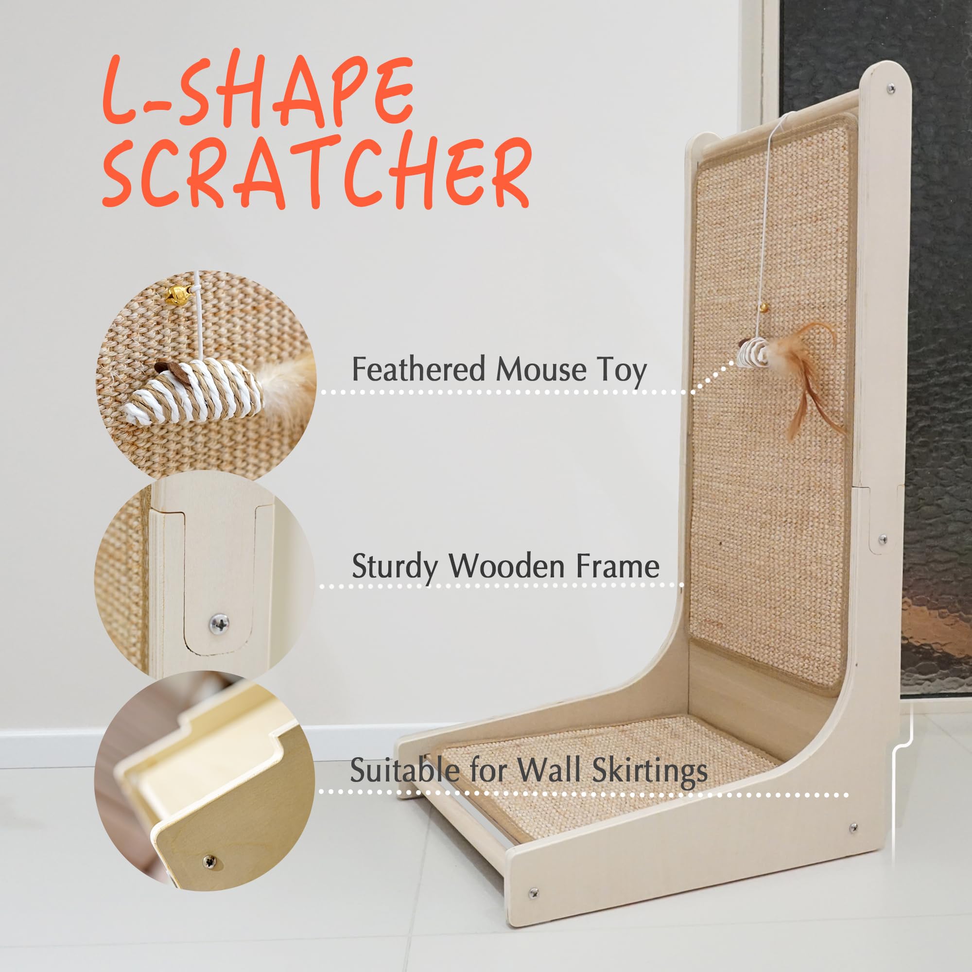 Petkaray Cat Scratcher, Sisal Cat Scratch Pad, L Shape Scratching Board For Indoor Kitty, Floor Mounted Scratcher With Mouse Toy