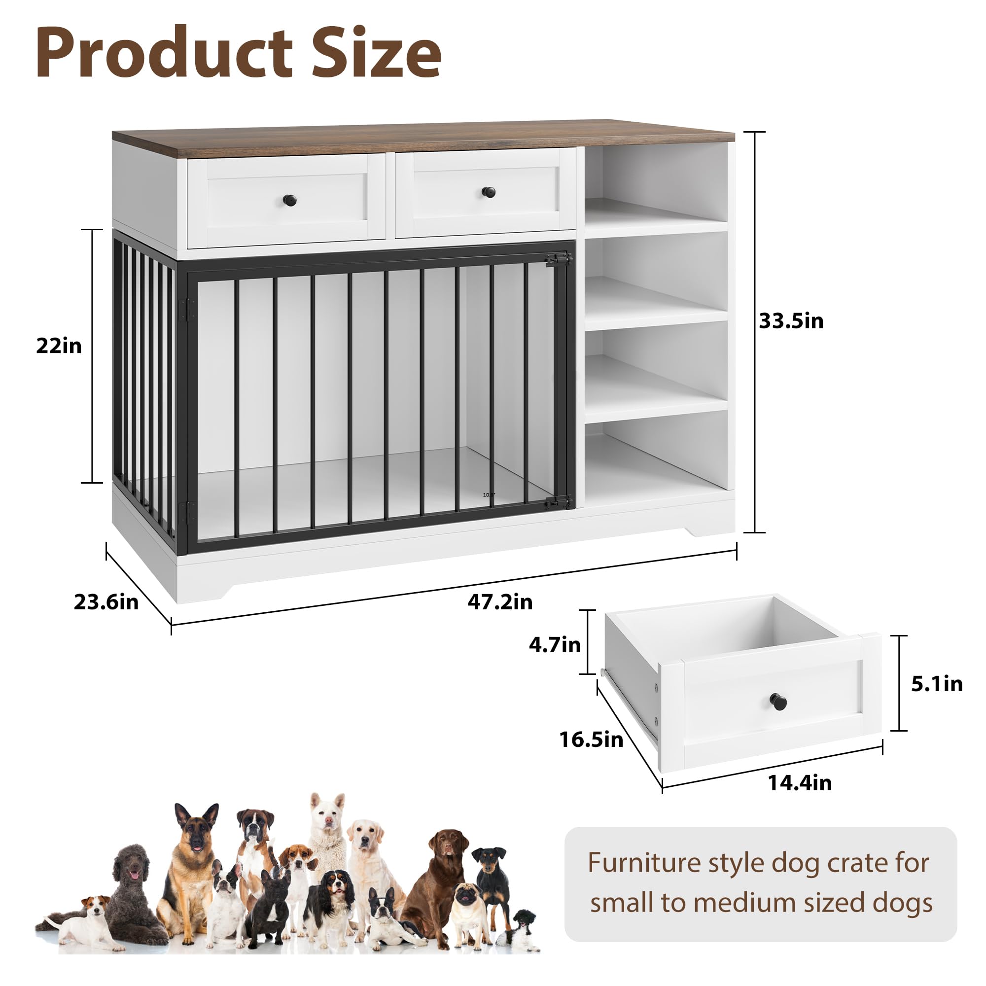 Dog Crate Furniture 47, Large Dog Crate TV Stand with 2 Drawers and 4 Shelves, Wooden Dog Kennel Indoor, Decorative Dog Cage wit