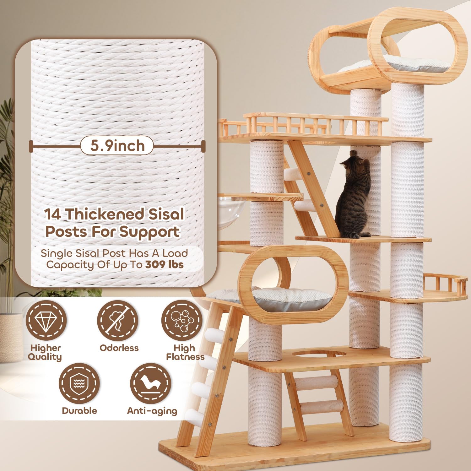 76.8'' Tall Modern Large Cat Tree,Multi-Level Wood Cat Tower For Indoor Cats Large Adults,Luxury Heavy Duty Cat Condo With Cushi