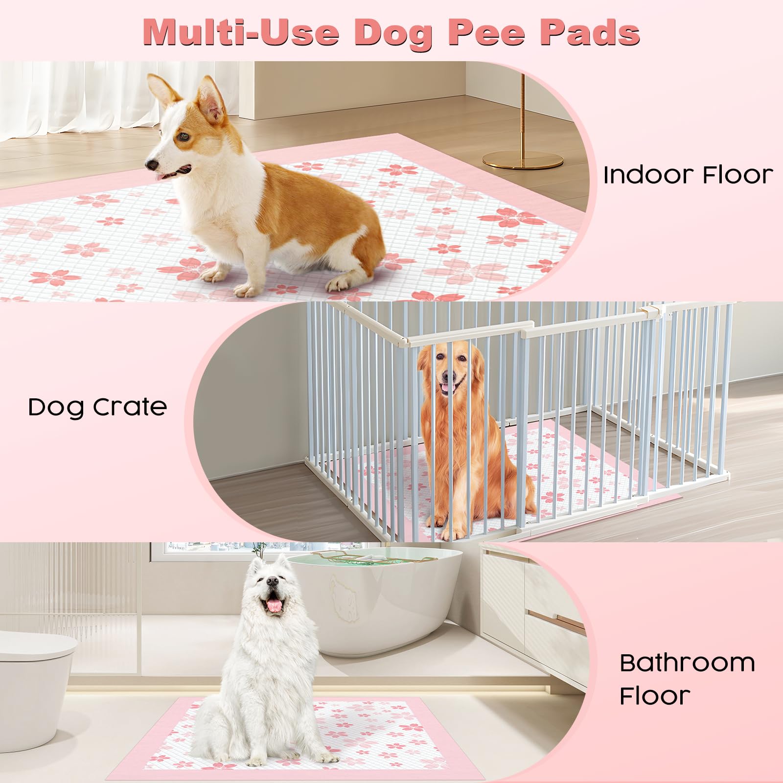 MIZOK 36x36in Puppy Pads Pink, Dog Pee Pads Leak-Proof with Quick-Dry Surface, Dog Pads Extra Large with Cherry Blossom Prints,