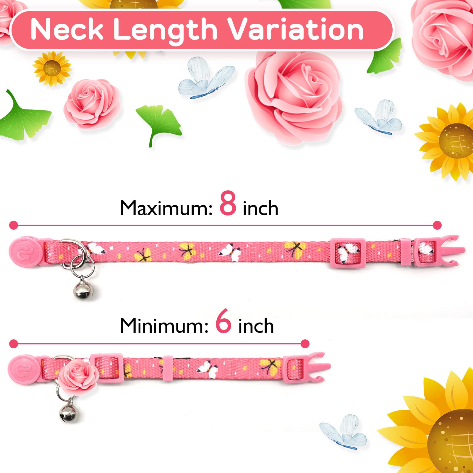 Azuza 4 Pack Kitten Collar Breakaway With Bell,Quick Release Safe Buckle Adjustable Baby Kitten Collars, Floral Print Rose/Ginkgo/Sunflower/Butterfly