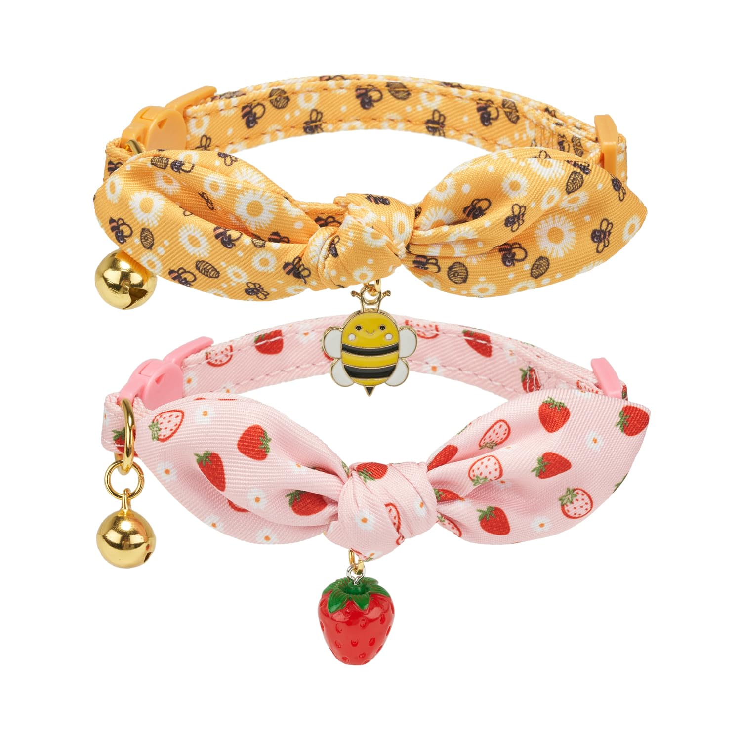 Petiry 2 Pack Cotton Cat Collar, Removable Bowtie, Floral Pattern, Safety Breakaway Clasp, Adjustable For Cats.(Adult Cat, Bee+S