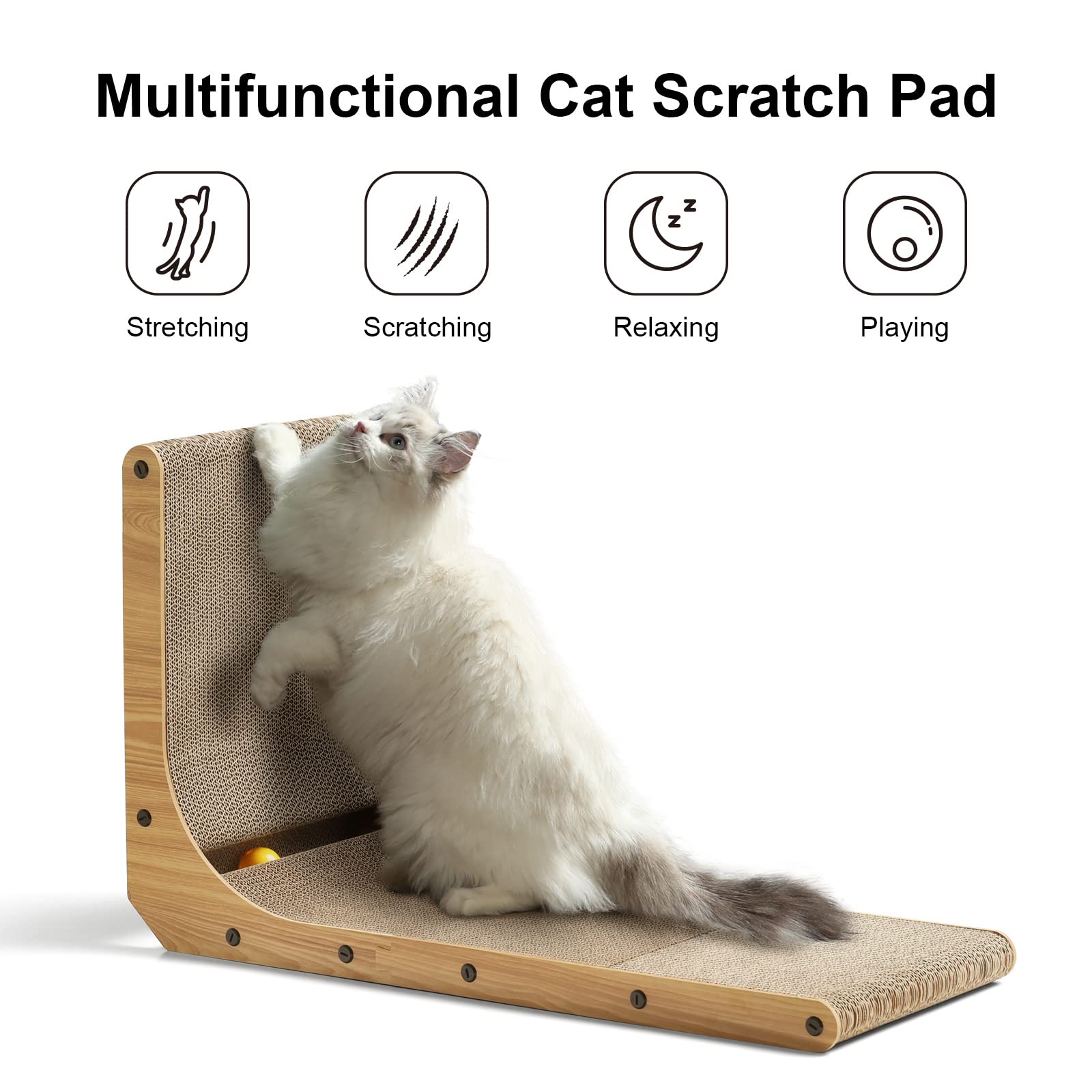 Fukumaru Cat Scratcher, 26.8 Inch L Shape Cat Scratch Pad Wall Mounted, Cat Scratching Cardboard With Ball Toy For Indoor Cats,