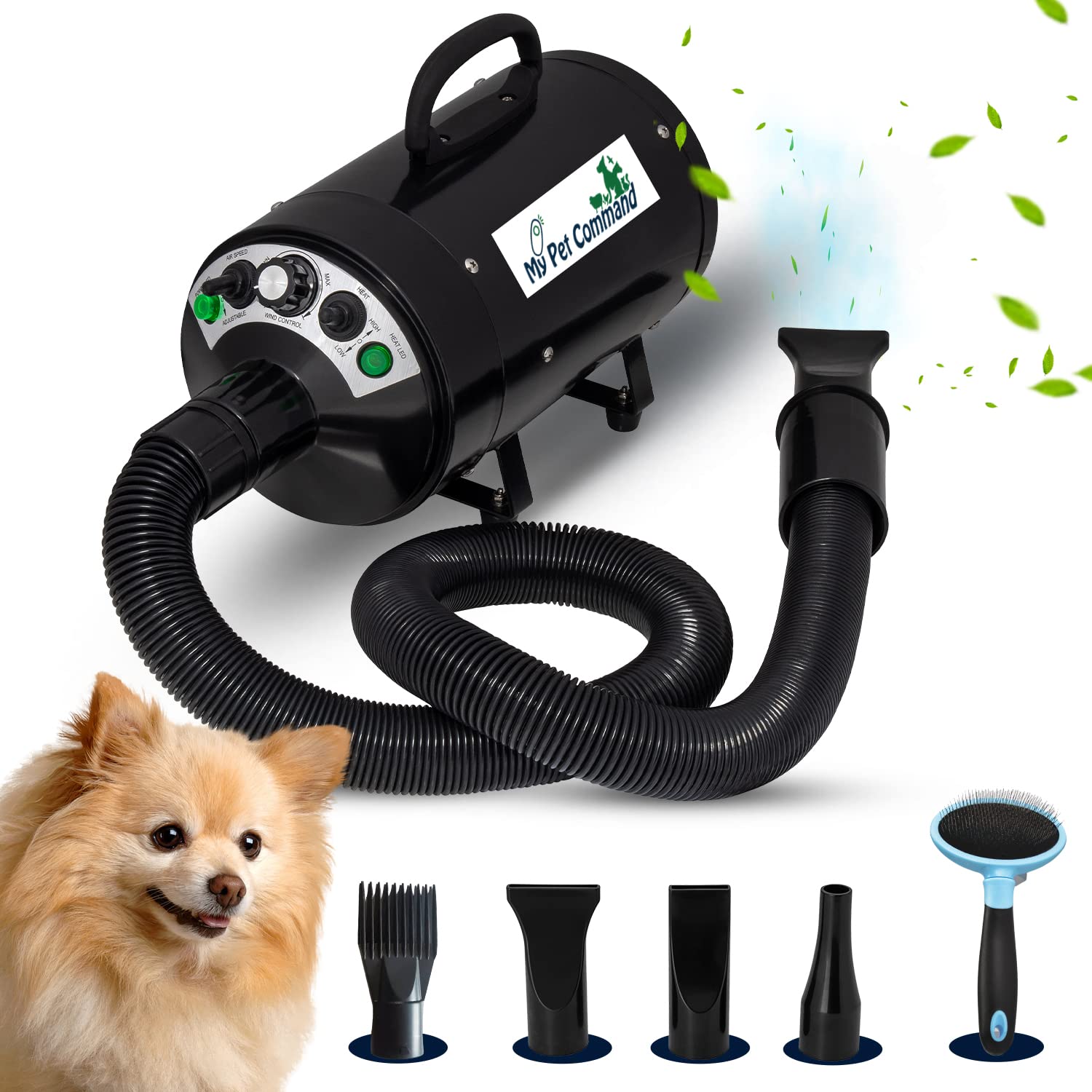 My Pet Command Dog Dryer Blower, Ultra Quiet, Professional High Velocity Blower Adjustable Hot And Cold Airflow, For Drying Deshedding With Accessories, 110V, 500W-2800W 4.5Hp