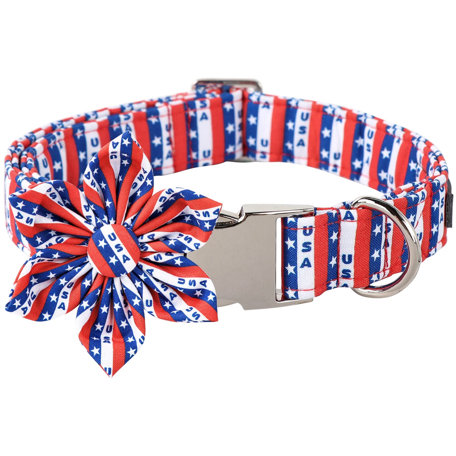 Aring Pet American Flag Dog Collar-Cute Summer Usa Dog Collar With Flower, Adjustable 5Th Of July Dog Collars With Metal Buckle