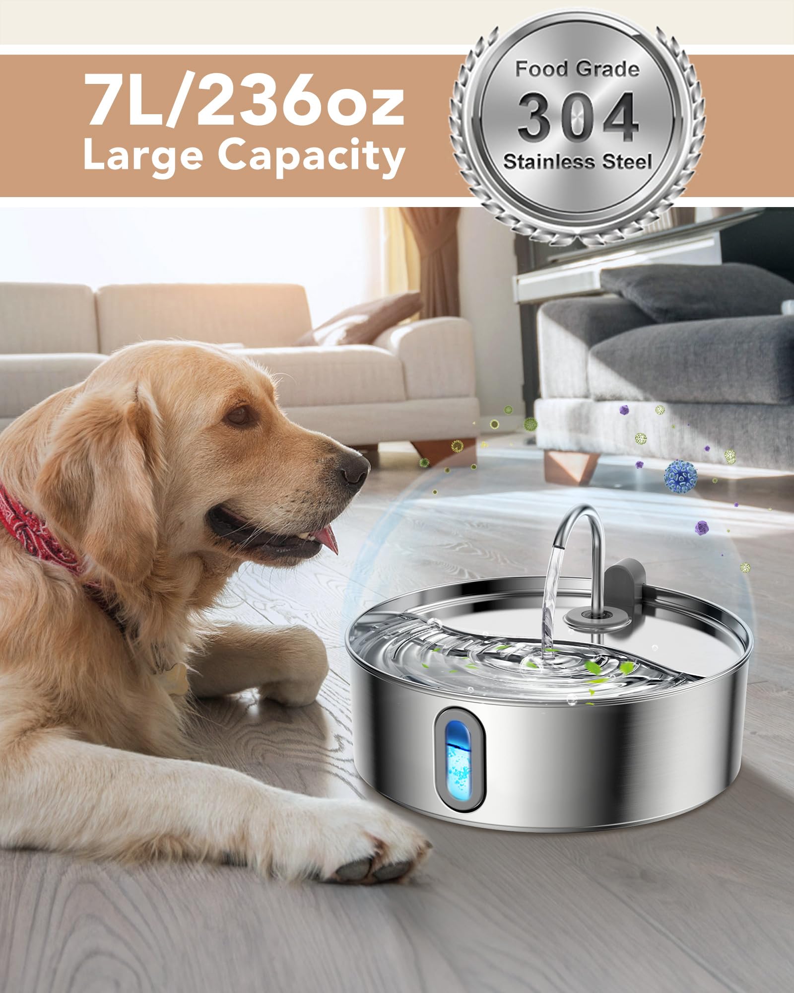 Dog Water Fountain Stainless Steel, 7L/236Oz/1.8Gal Pet Water Fountain For Large Dogs, Automatic Dog Water Dispenser With Water