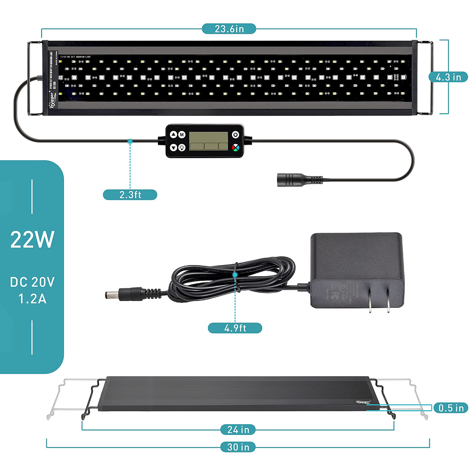 hygger Auto On Off LED Aquarium Light, Full Spectrum, 22W for 24-30" Tanks, IP68 Waterproof, Adjustable Timer, 7 Colors