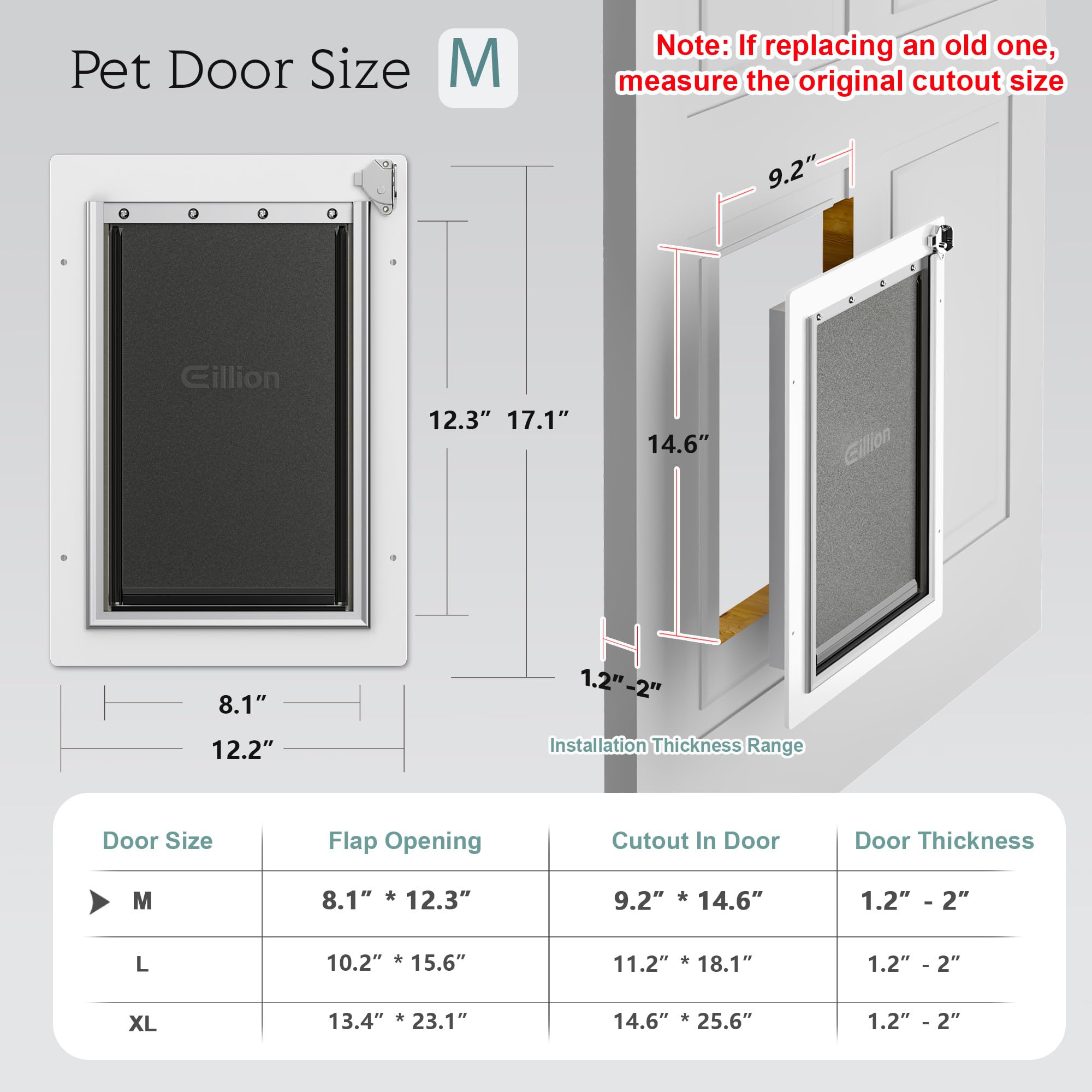 Eillion Medium Dog Door for Door, Doggy Door with Aluminum Frame, 3 Flaps, Metal Closing Panel and Lock, Pet Doggie Door for Int