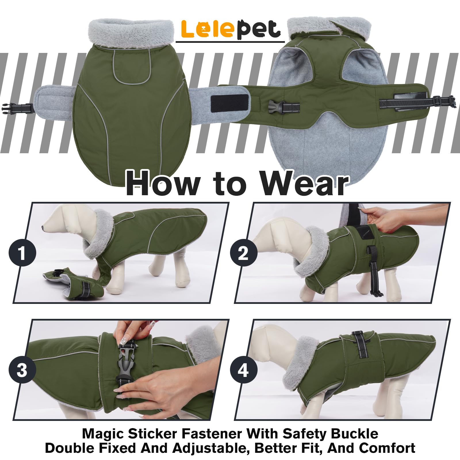 LeLePet Warm Dog Coat - Reflective Fleece Vest, Waterproof, Windproof, Large, Army Green