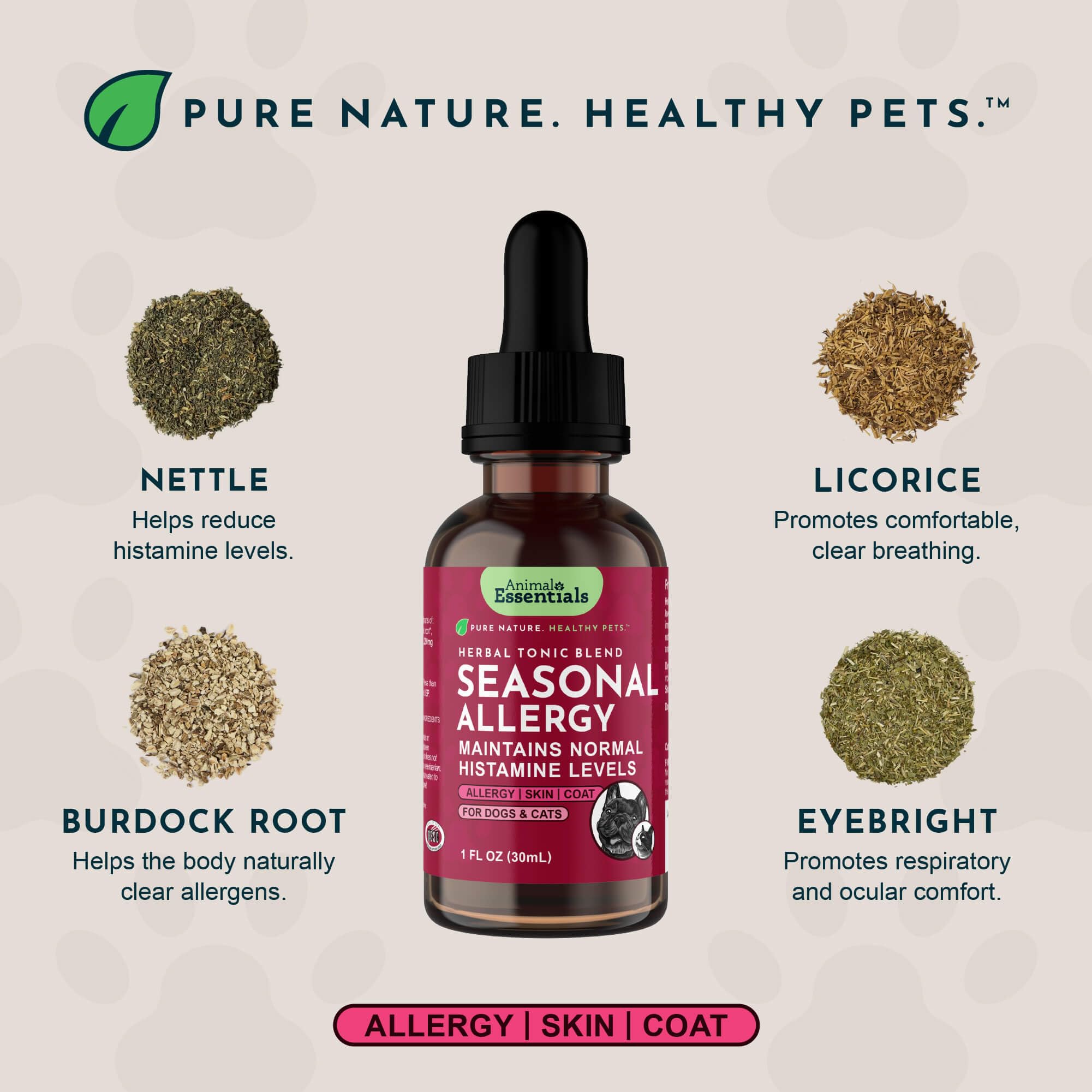 Animal Essentials Seasonal Allergy- Herbal Formula for Dogs & Cats for Occasional Allergy Relief, Sweet Taste, 100% Organic Huma