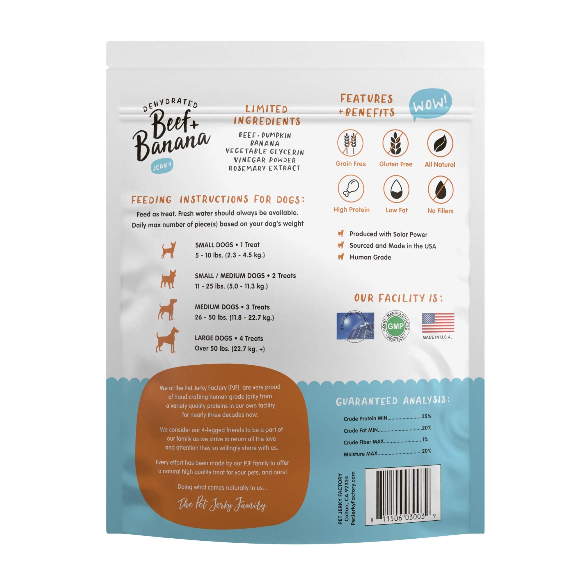 PET JERKY FACTORY Premium Dog Treats - Grain Free Beef & Banana, 12 oz, 100% Human Grade, USA Made, Natural