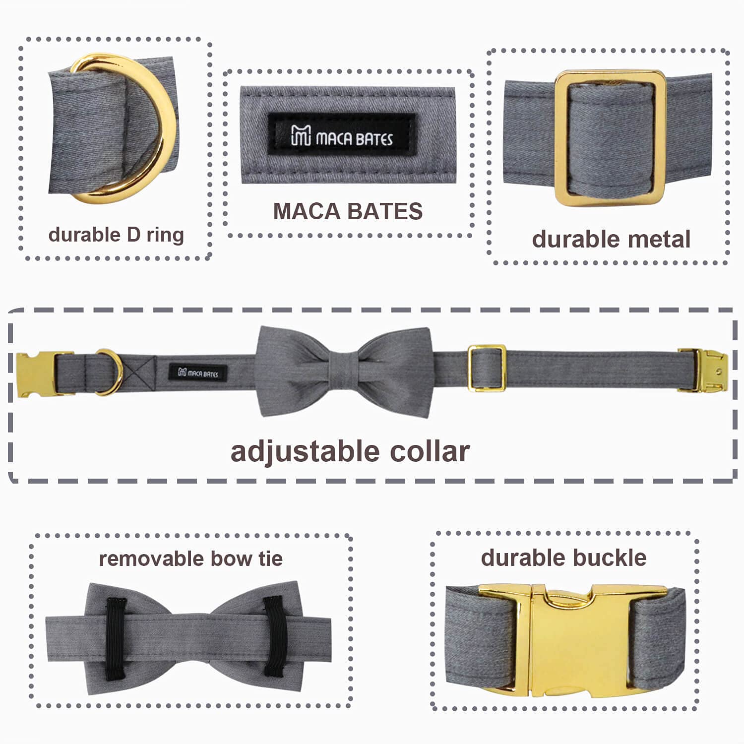 Maca Bates Dog Collar With Bow Bowtie For Dogs Solid Colors Sailor Bow Tie Adjustable Breakaway Grey Collars Accessories Birthda