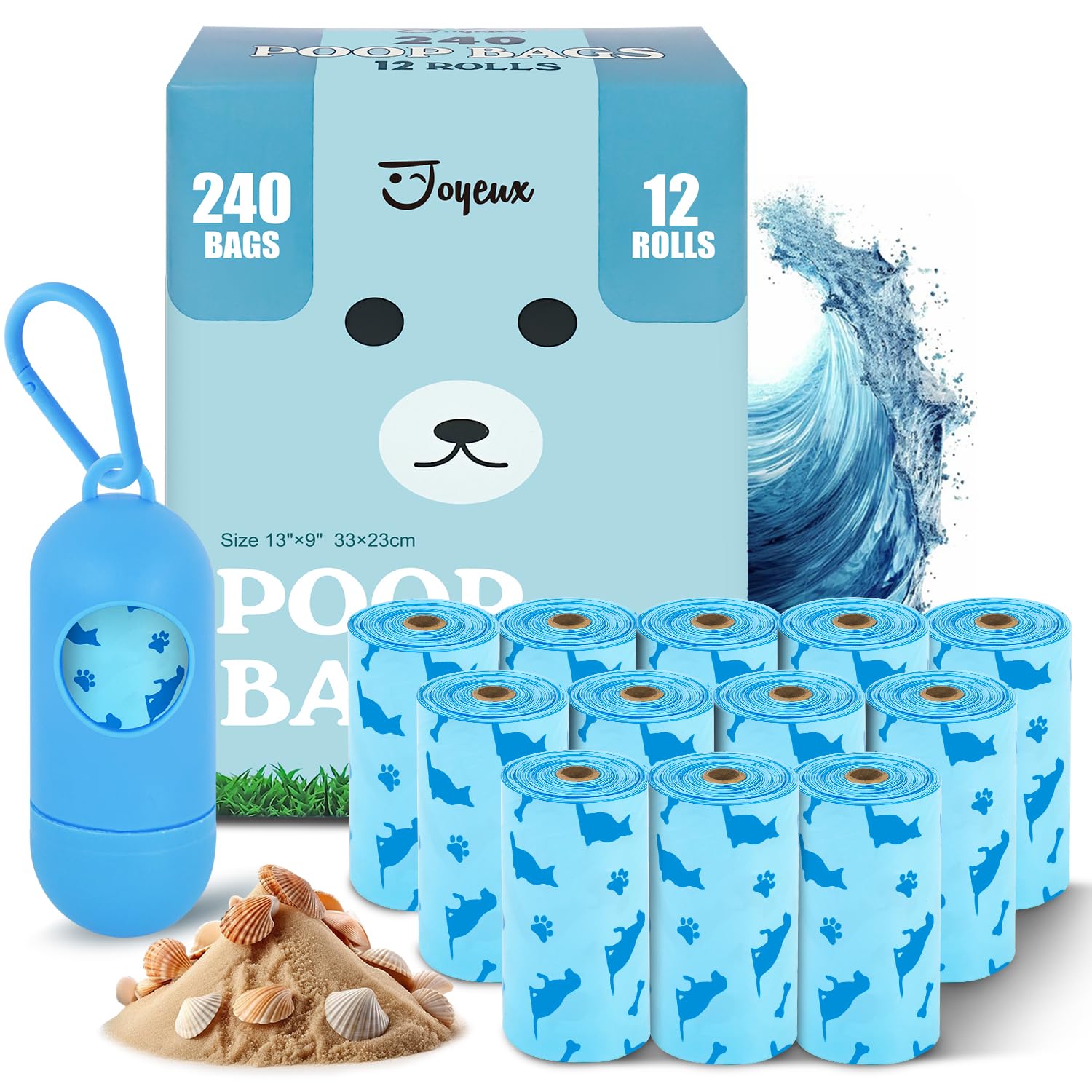 Joyeux 240 Count Ocean Scent Dog Poop Bags Rolls,With Dispenser,Leak-Proof Large Doggie,Extra Thick Poop Bag For Dogs,Cats Litte