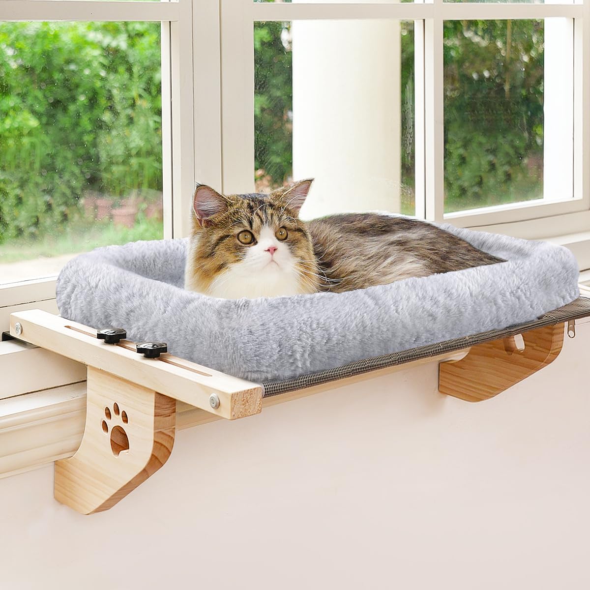 Amosijoy Cat Sill Window Perch Sturdy Cat Hammock Window Seat With Cushion Bed Cover, Wood & Metal Frame For Large Cats, Easy To