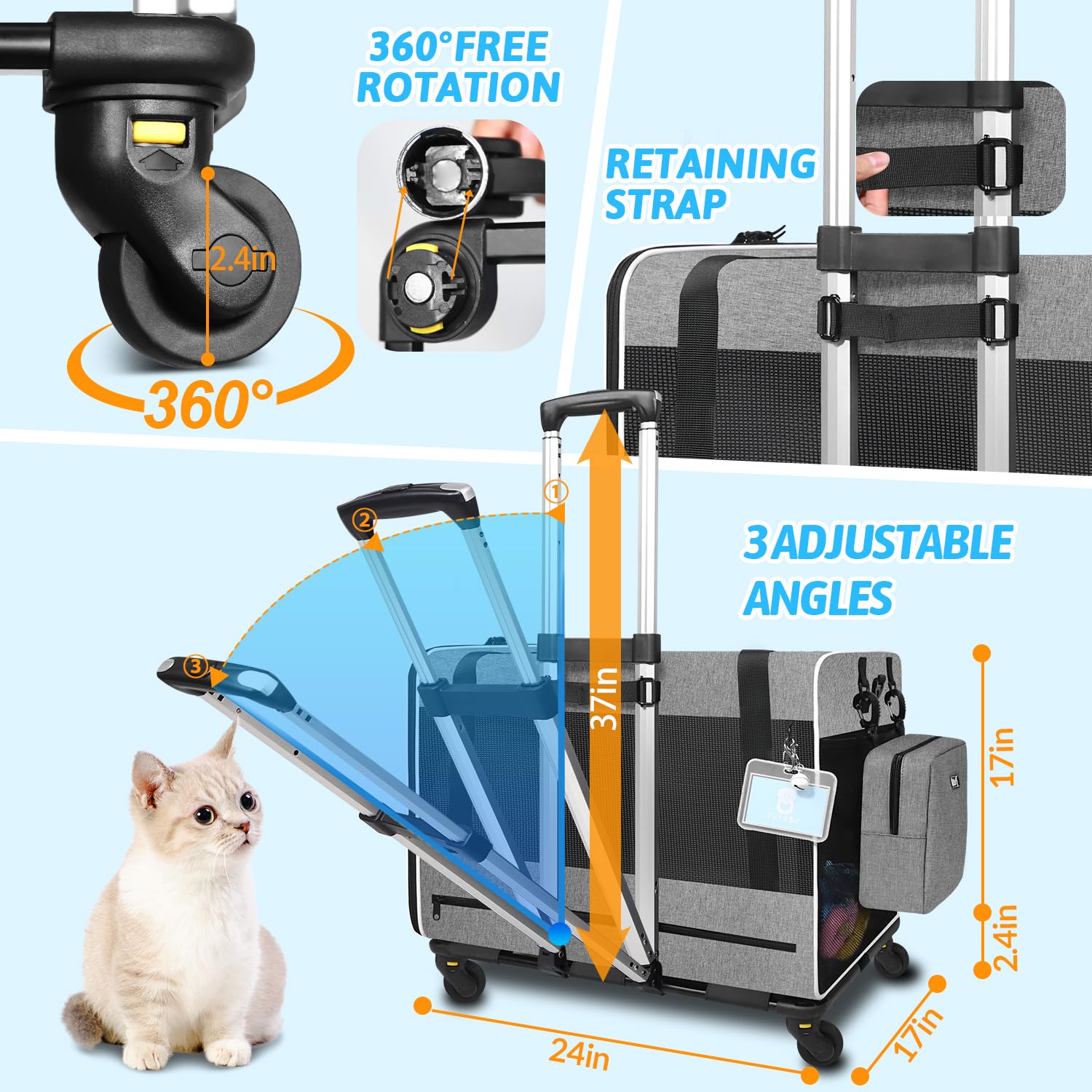Petskd Extra Large Cat Carrier with Wheels and Litter Box 24 x17 x17  for Large Cat or 2 Small Cats, Collapsible Soft Sided Pet