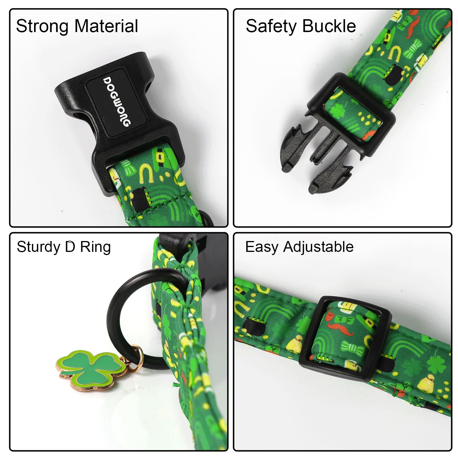 Dogwong St Patrick'S Dog Collar- Green Clovers Dog Collar, Adjustable Cotton Shamrock Pet Collar Cute Lucky Charm Puppy Collars